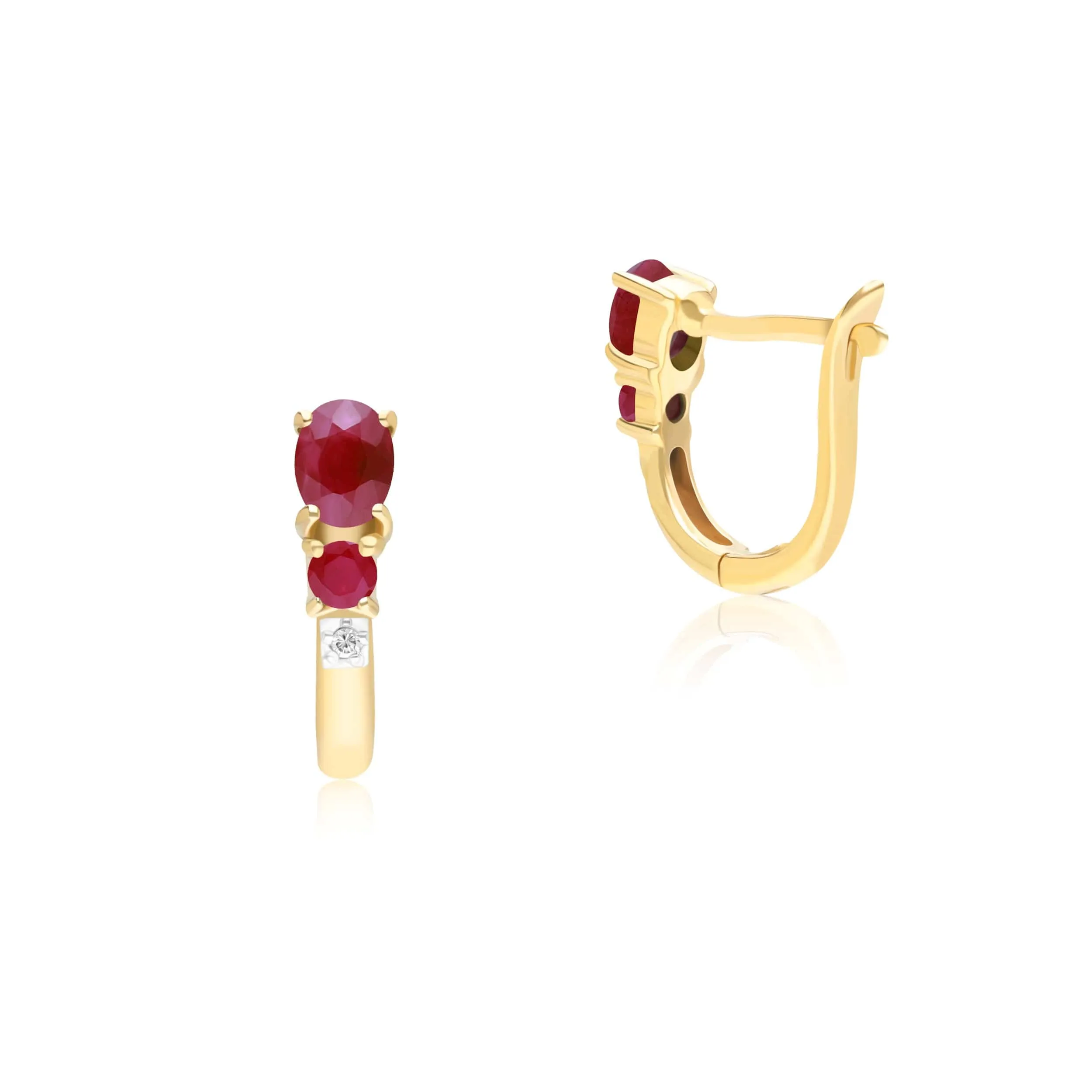 Classic Oval Ruby & Diamond Omega Back Hoop Earrings in 9ct Yellow Gold sold by Gemondo Jewellery product image thumbnail 2