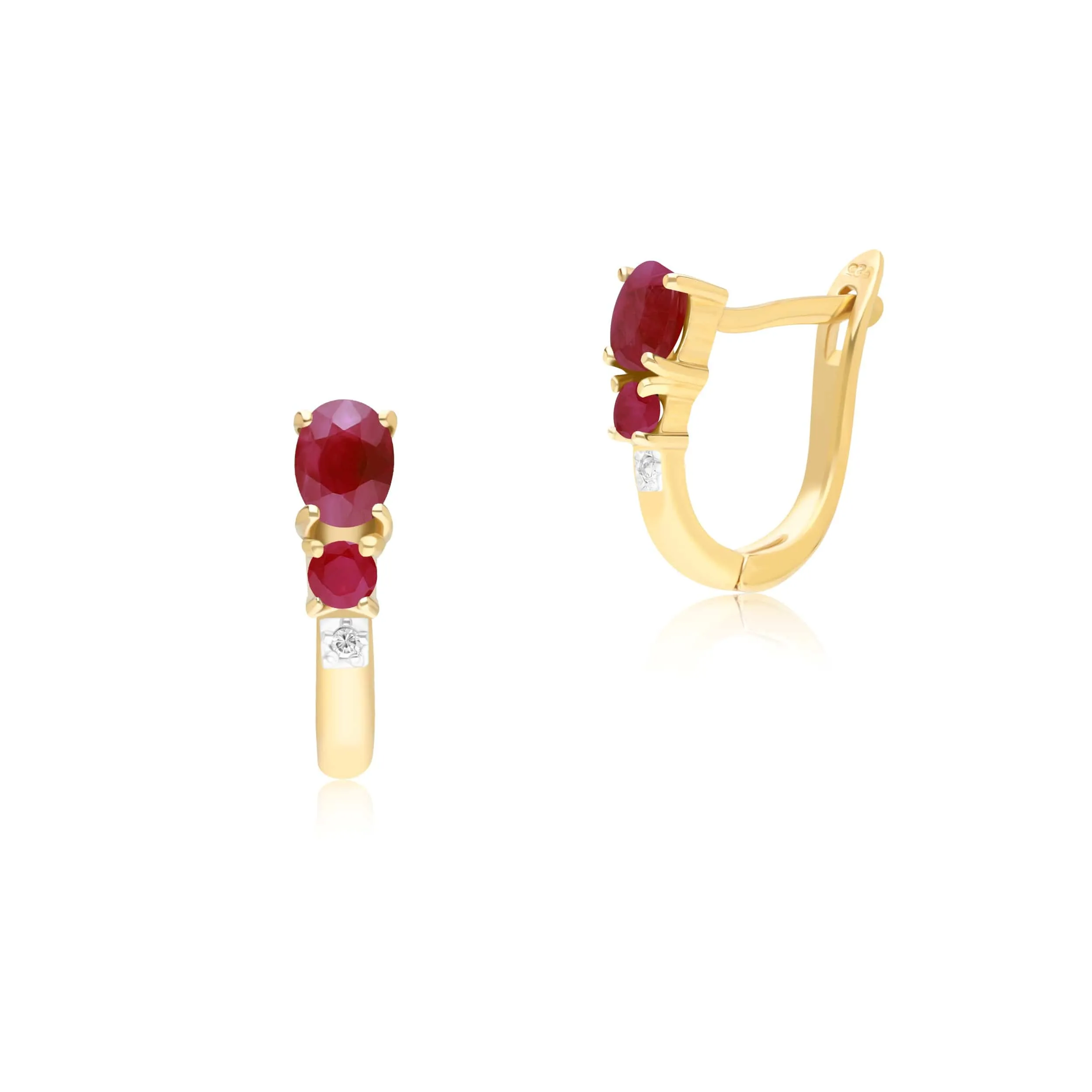 Classic Oval Ruby & Diamond Omega Back Hoop Earrings in 9ct Yellow Gold sold by Gemondo Jewellery