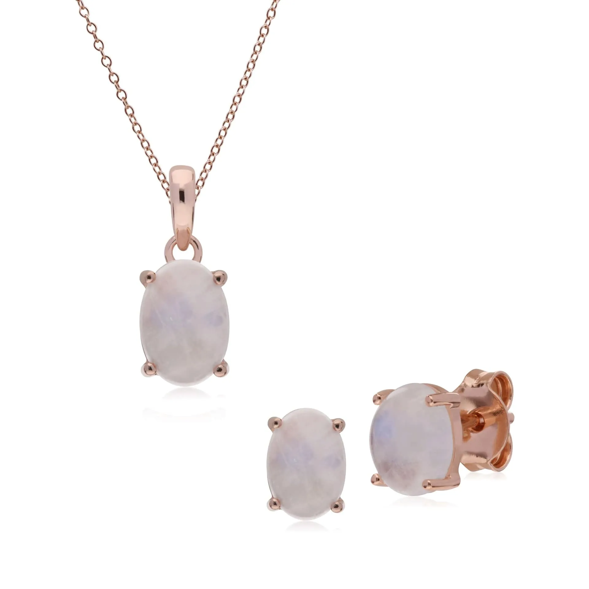 Classic Oval Rainbow Moonstone Stud Earrings & Pendant Set in Rose Gold Plated 925 Sterling Silver sold by Gemondo Jewellery