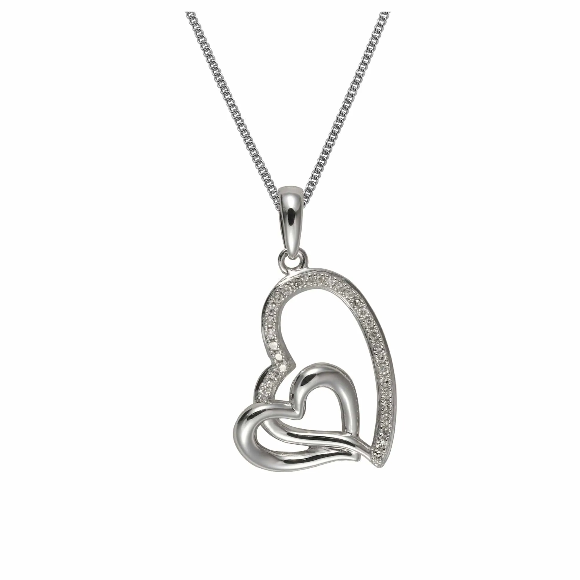 Contemporary Style Round Diamond Double Heart Pendant & Chain in 375 White Gold sold by Gemondo Jewellery
