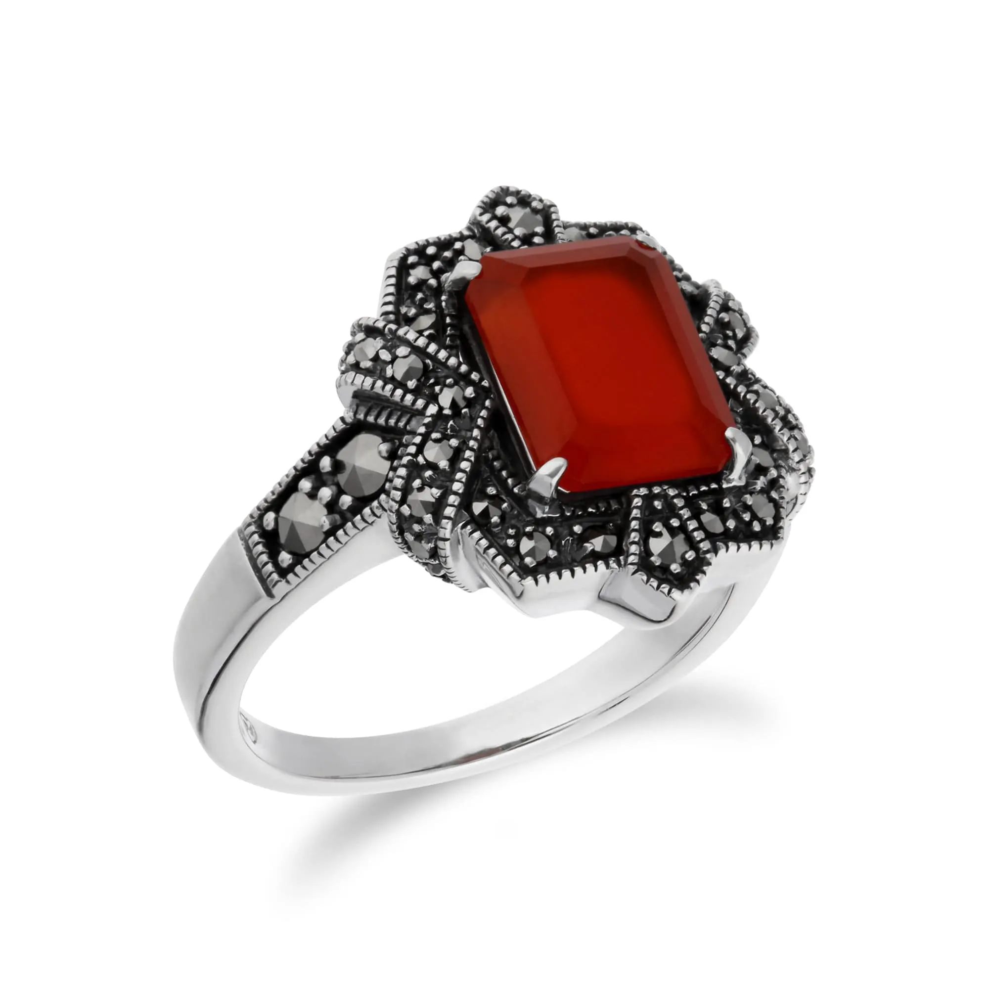 Art Deco Style Baguette Carnelian & Marcasite Ring in 925 Sterling Silver sold by Gemondo Jewellery product image thumbnail 2