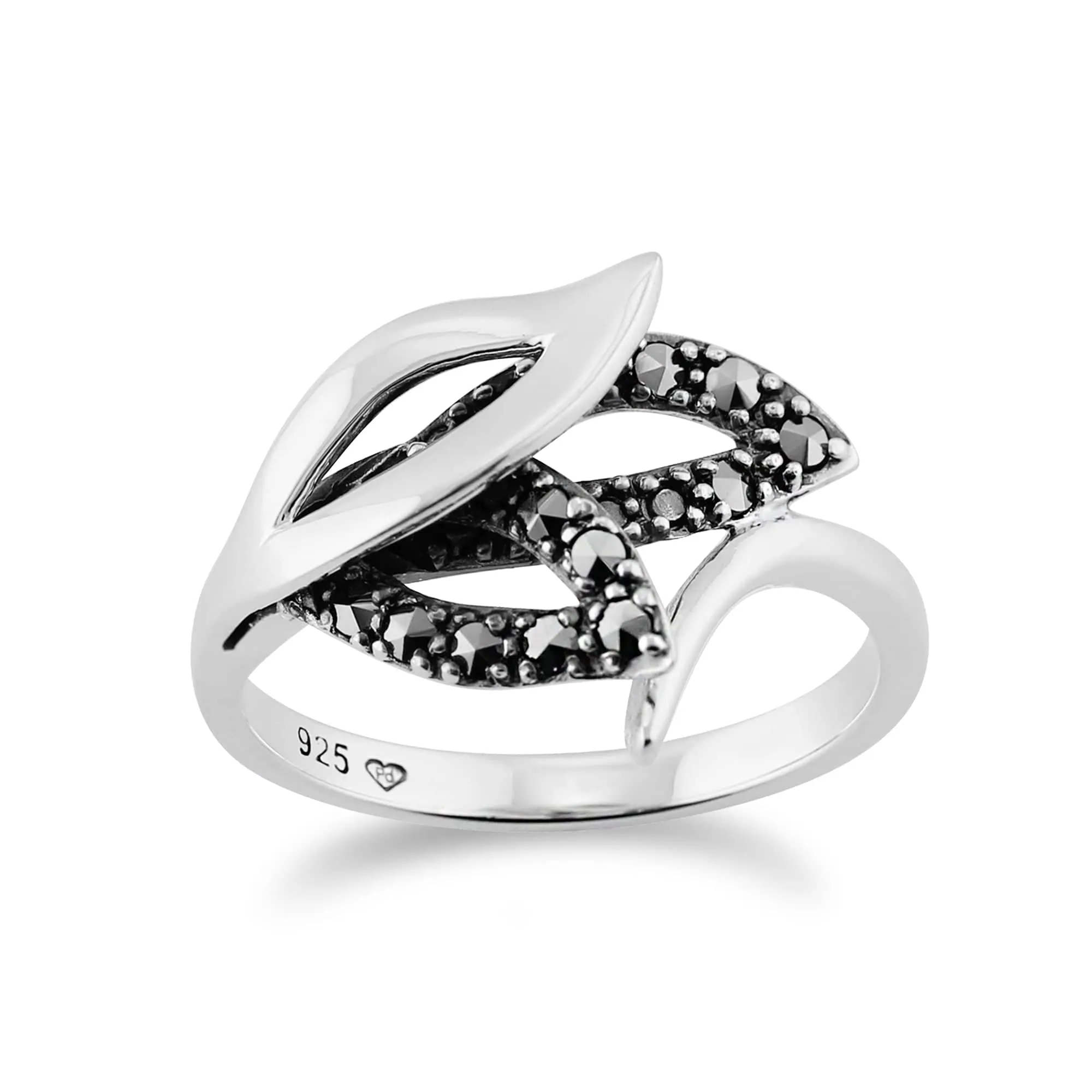 Art Nouveau Style Round Marcasite Leaf Wrap Ring in 925 Sterling Silver sold by Gemondo Jewellery