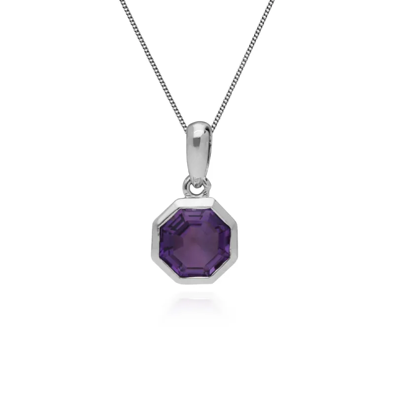 Geometric Octagon Amethyst Silver Pendant sold by Gemondo Jewellery