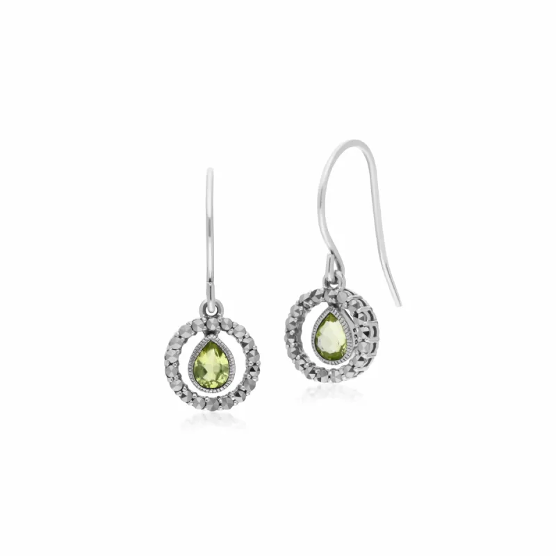Classic Pear Peridot & Marcasite Round Halo Drop Earrings in Sterling Silver sold by Gemondo Jewellery