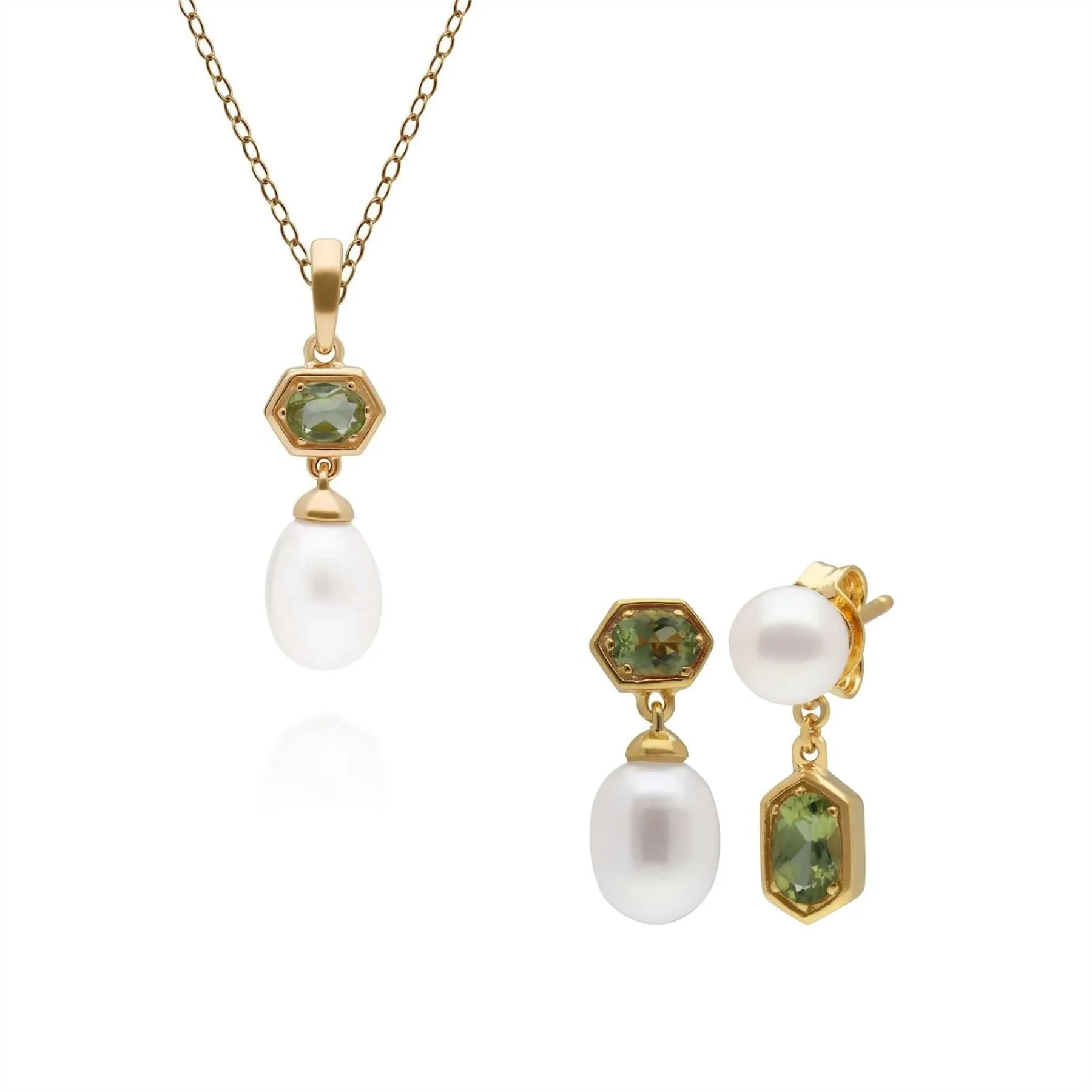 Modern Pearl & Peridot Pendant & Earring Set in Gold Plated Silver sold by Gemondo Jewellery