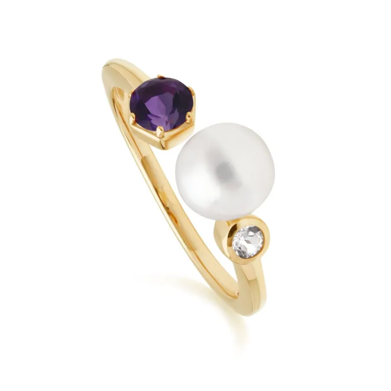 Modern Pearl, Amethyst & Topaz Open Ring in Gold Plated Silver sold by Gemondo Jewellery