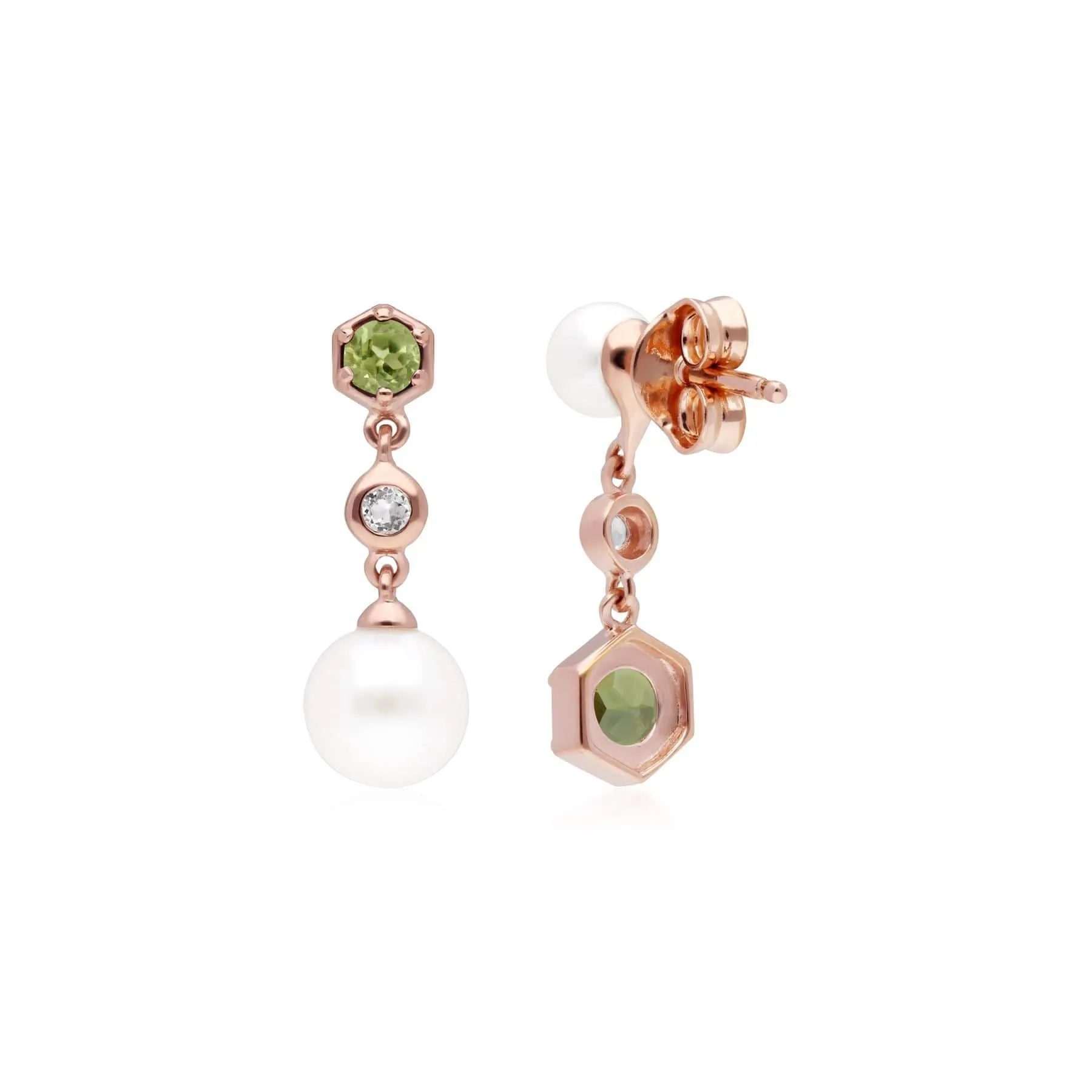 Modern Pearl, Peridot & Topaz Mismatched Drop Earrings in Rose Gold Plated Sterling Silver sold by Gemondo Jewellery product image thumbnail 3