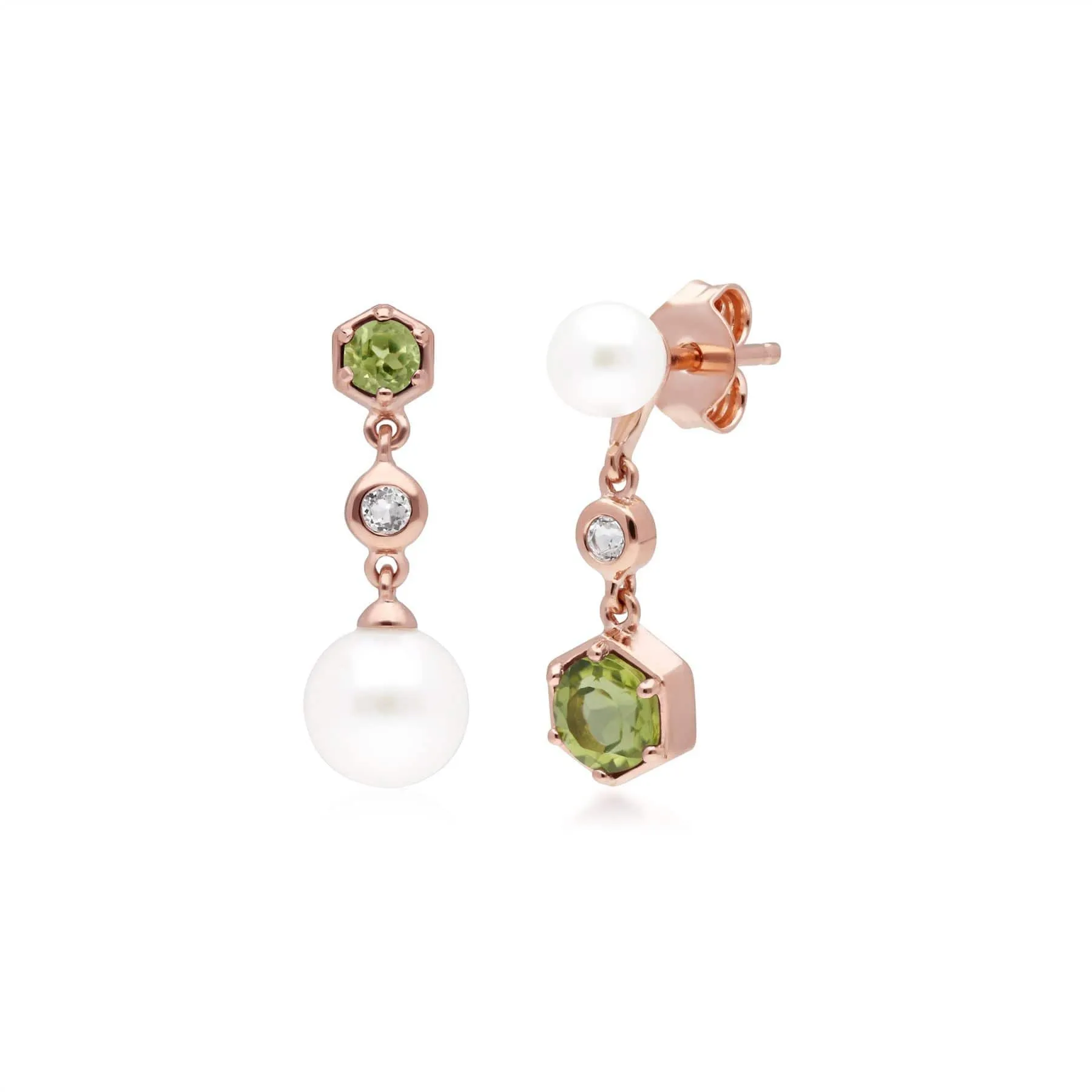 Modern Pearl, Peridot & Topaz Mismatched Drop Earrings in Rose Gold Plated Sterling Silver sold by Gemondo Jewellery