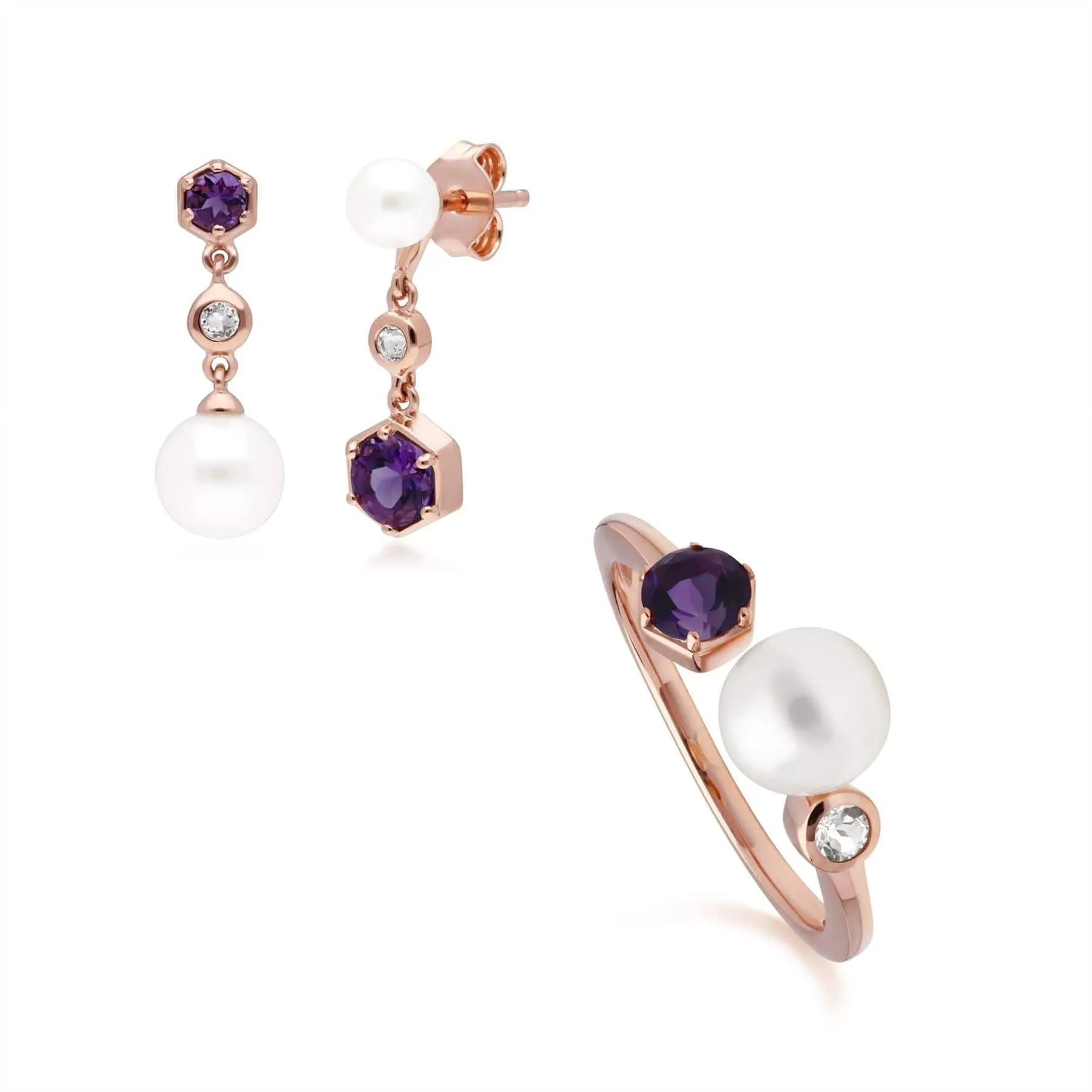 Modern Pearl, Amethyst & Topaz Earring & Ring Set in Rose Gold Plated Silver sold by Gemondo Jewellery