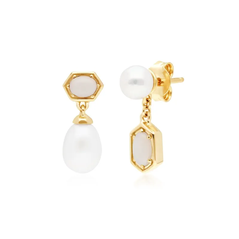 Modern Pearl & Opal Mismatched Drop Earrings in Gold Plated Silver sold by Gemondo Jewellery