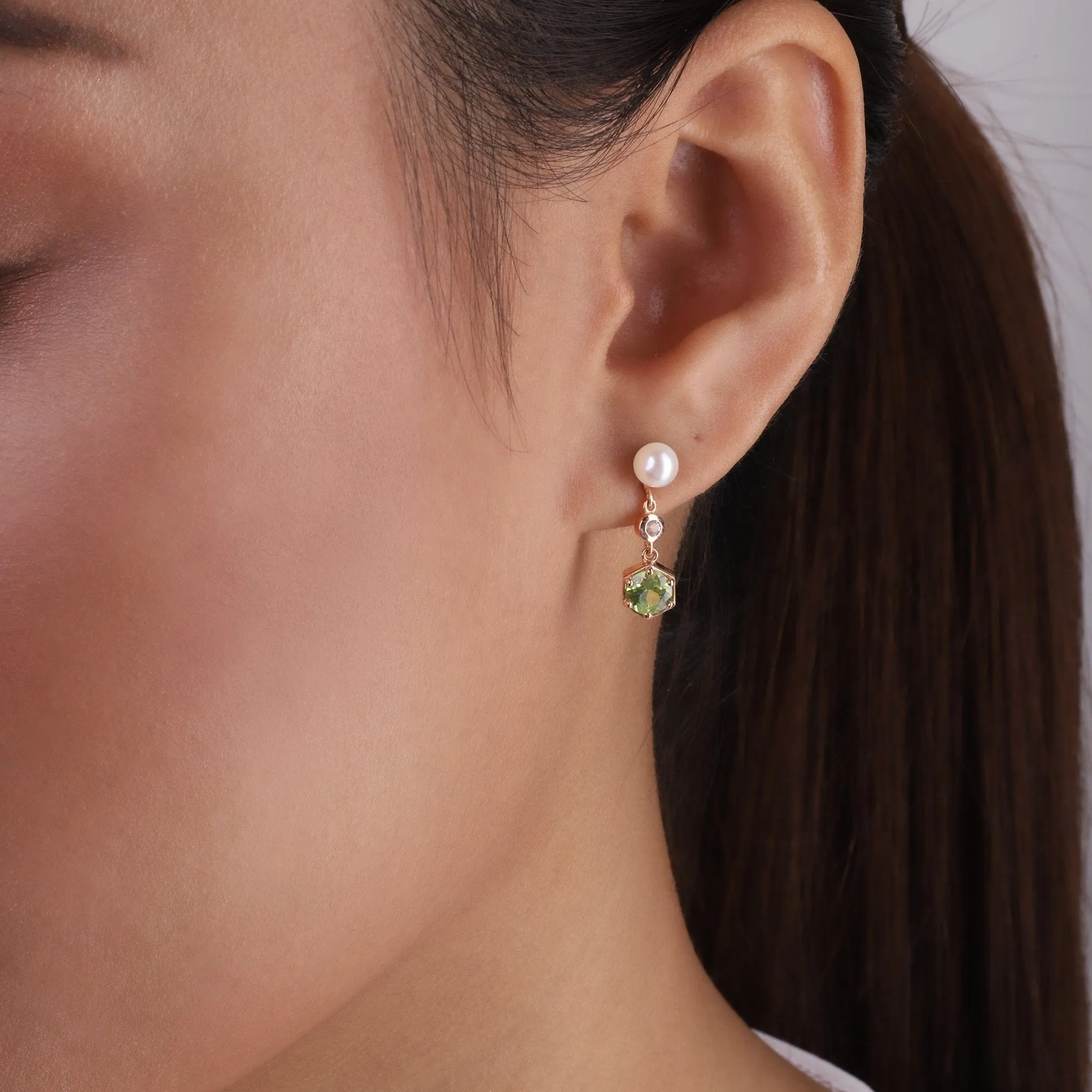 Modern Pearl, Peridot & Topaz Mismatched Drop Earrings in Rose Gold Plated Sterling Silver sold by Gemondo Jewellery product image thumbnail 2