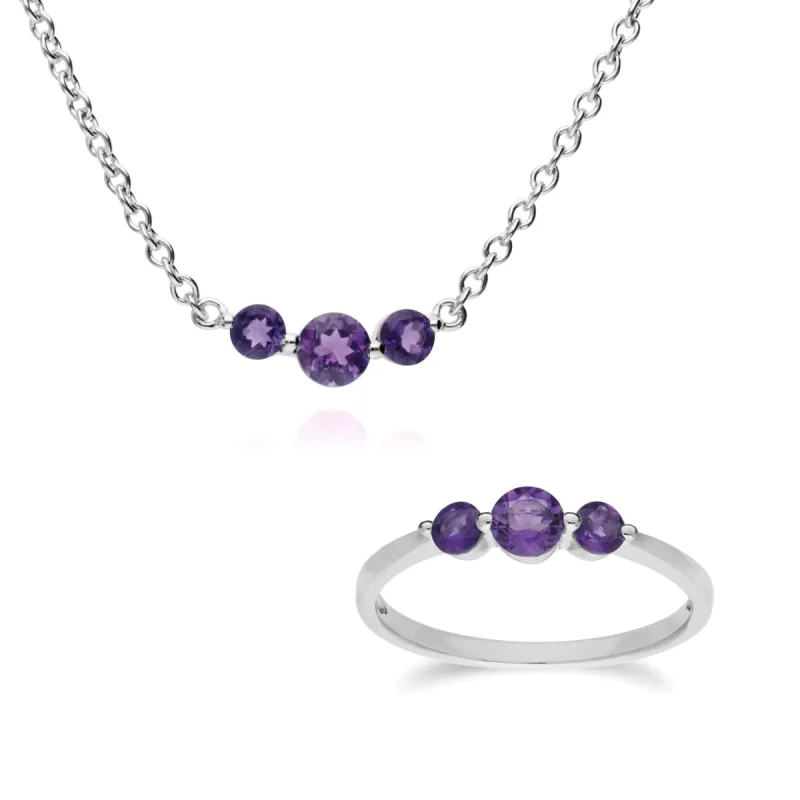Classic Round Amethyst Three Stone Gradient Ring & Necklace Set in 925 Sterling Silver sold by Gemondo Jewellery