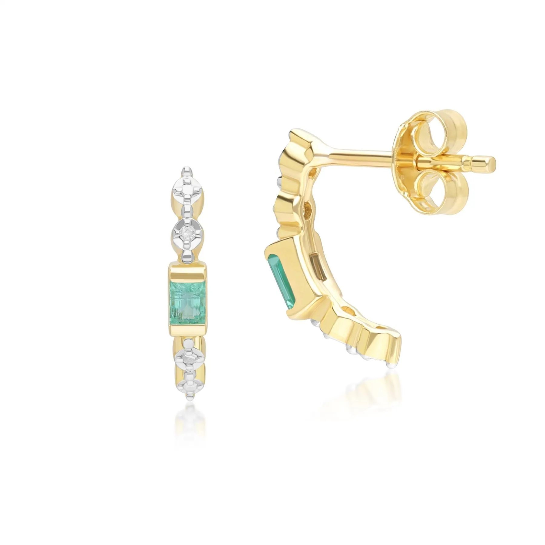 Classic Baguette Emerald & Diamond Half Eternity Hoop Earrings in 9ct Yellow Gold sold by Gemondo Jewellery product image thumbnail 3