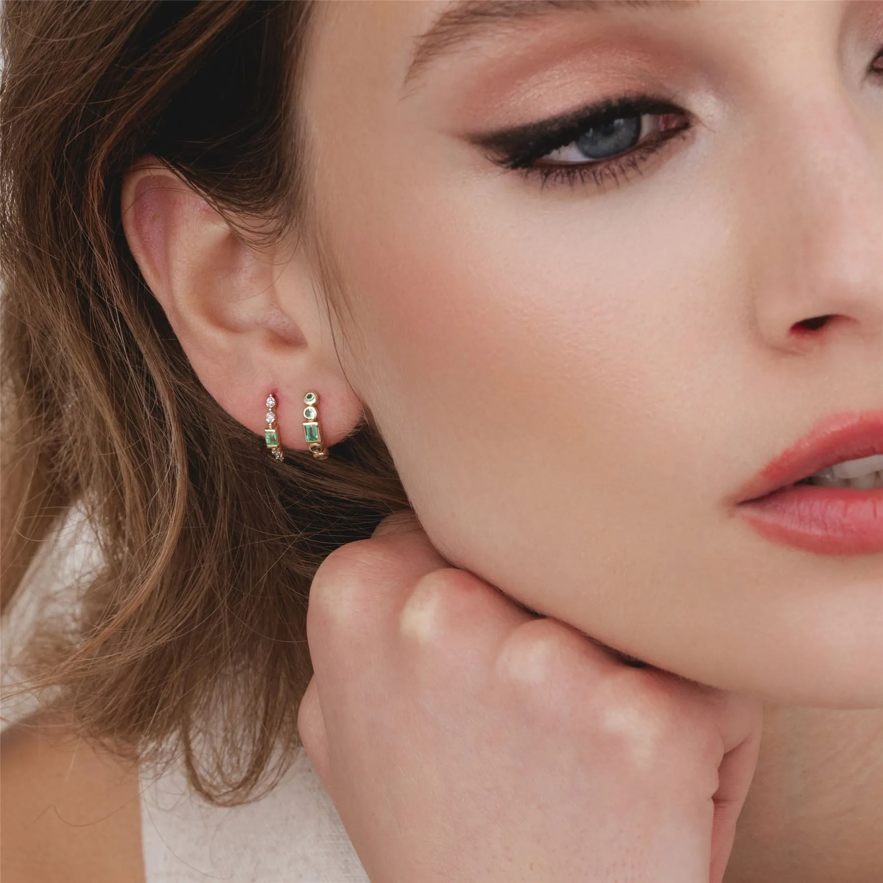 Classic Baguette Emerald & Diamond Half Eternity Hoop Earrings in 9ct Yellow Gold sold by Gemondo Jewellery product image thumbnail 2