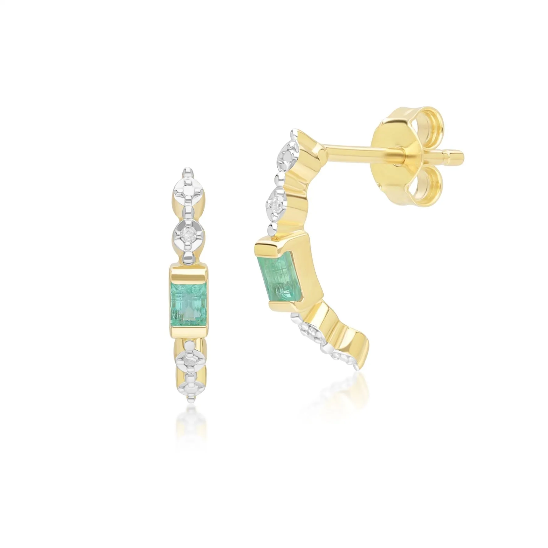 Classic Baguette Emerald & Diamond Half Eternity Hoop Earrings in 9ct Yellow Gold sold by Gemondo Jewellery
