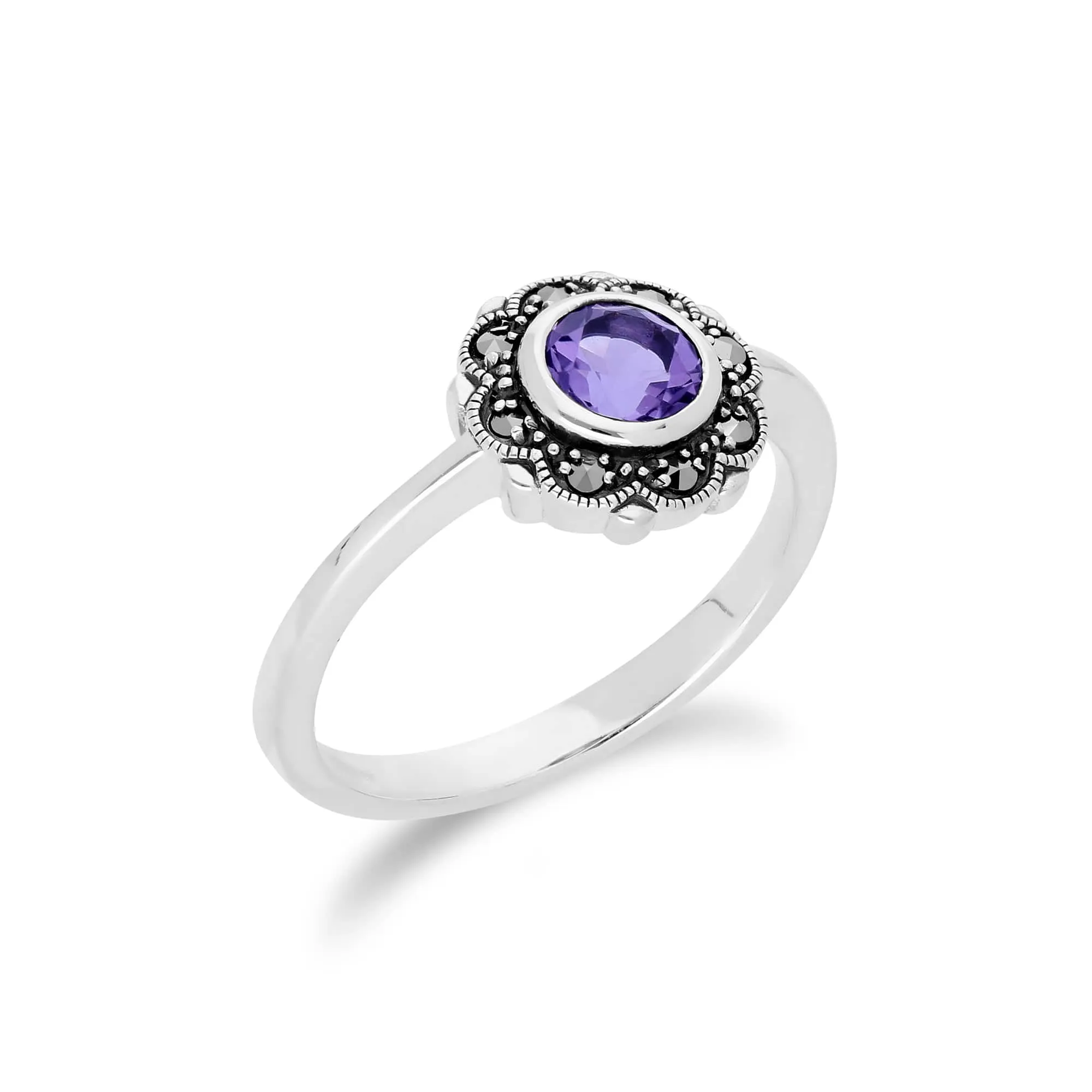 Floral Round Amethyst & Marcasite Halo Ring in 925 Sterling Silver sold by Gemondo Jewellery product image thumbnail 2