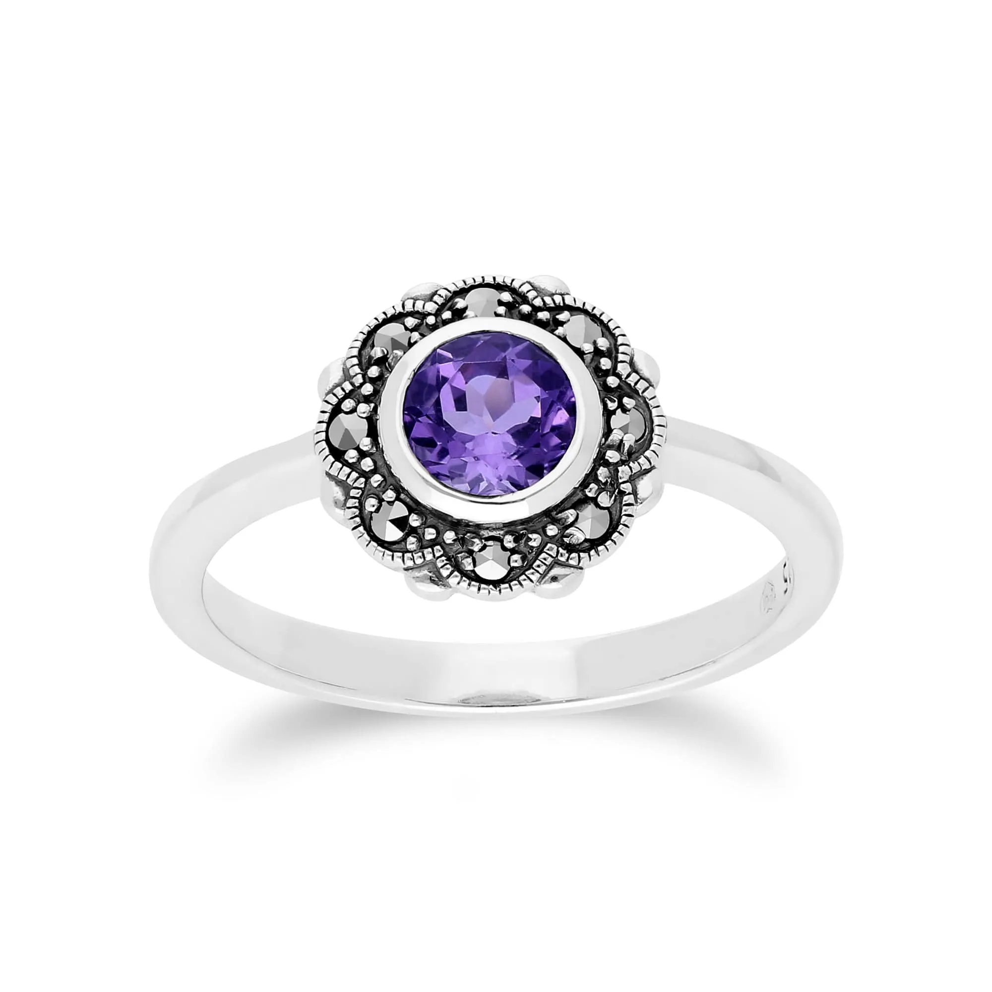 Floral Round Amethyst & Marcasite Halo Ring in 925 Sterling Silver sold by Gemondo Jewellery