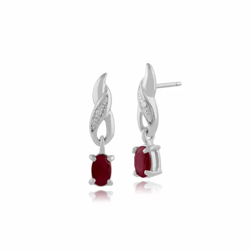 Classic Oval Ruby & Diamond Twist Drop Earrings in 9ct White Gold sold by Gemondo Jewellery