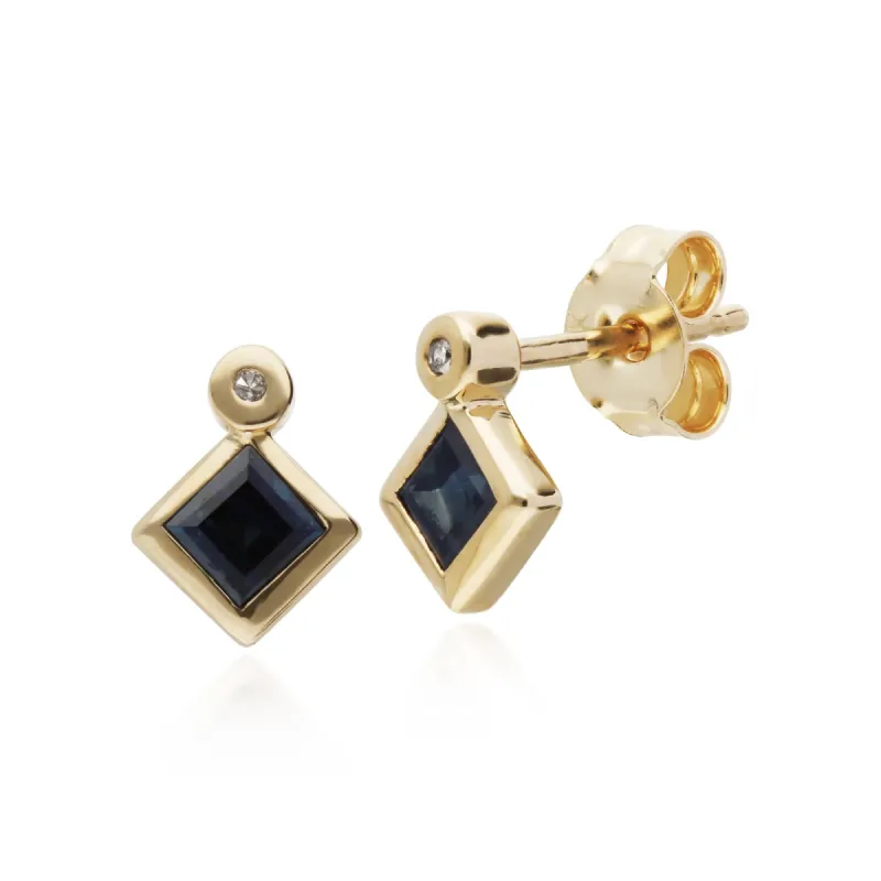 Geometric Square Sapphire & Diamond Stud Earrings in 9ct Yellow Gold sold by Gemondo Jewellery