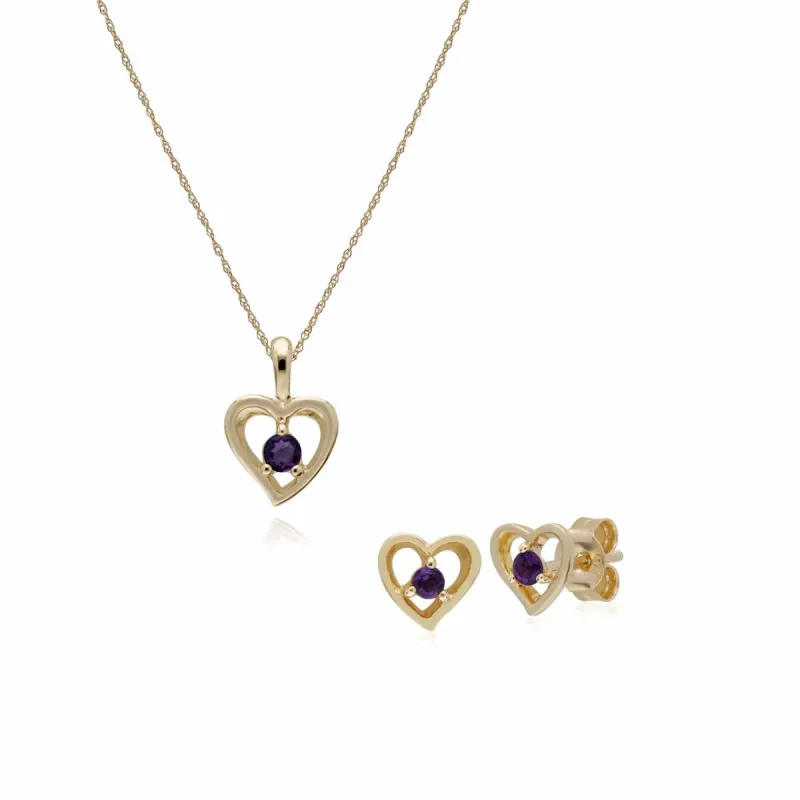 Classic Round Amethyst Single Stone Heart Stud Earrings & Necklace Set in 9ct Yellow Gold sold by Gemondo Jewellery