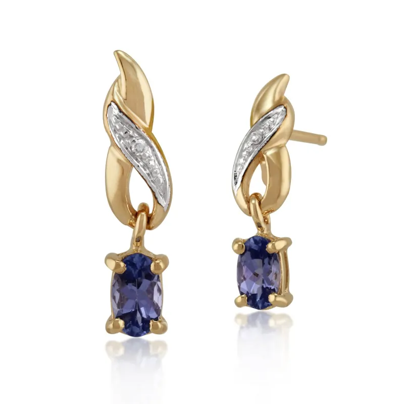 Classic Oval Tanzanite & Diamond Drop Earrings in 9ct Yellow Gold sold by Gemondo Jewellery