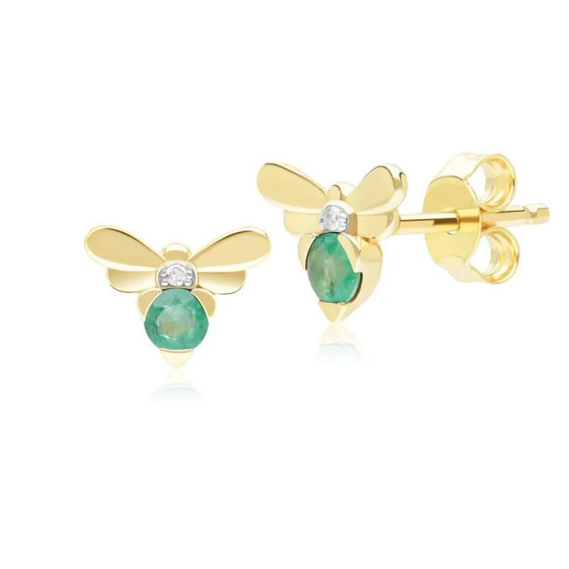 Honeycomb Inspired Emerald and Diamond Bee Stud Earrings in 9ct Yellow Gold sold by Gemondo Jewellery