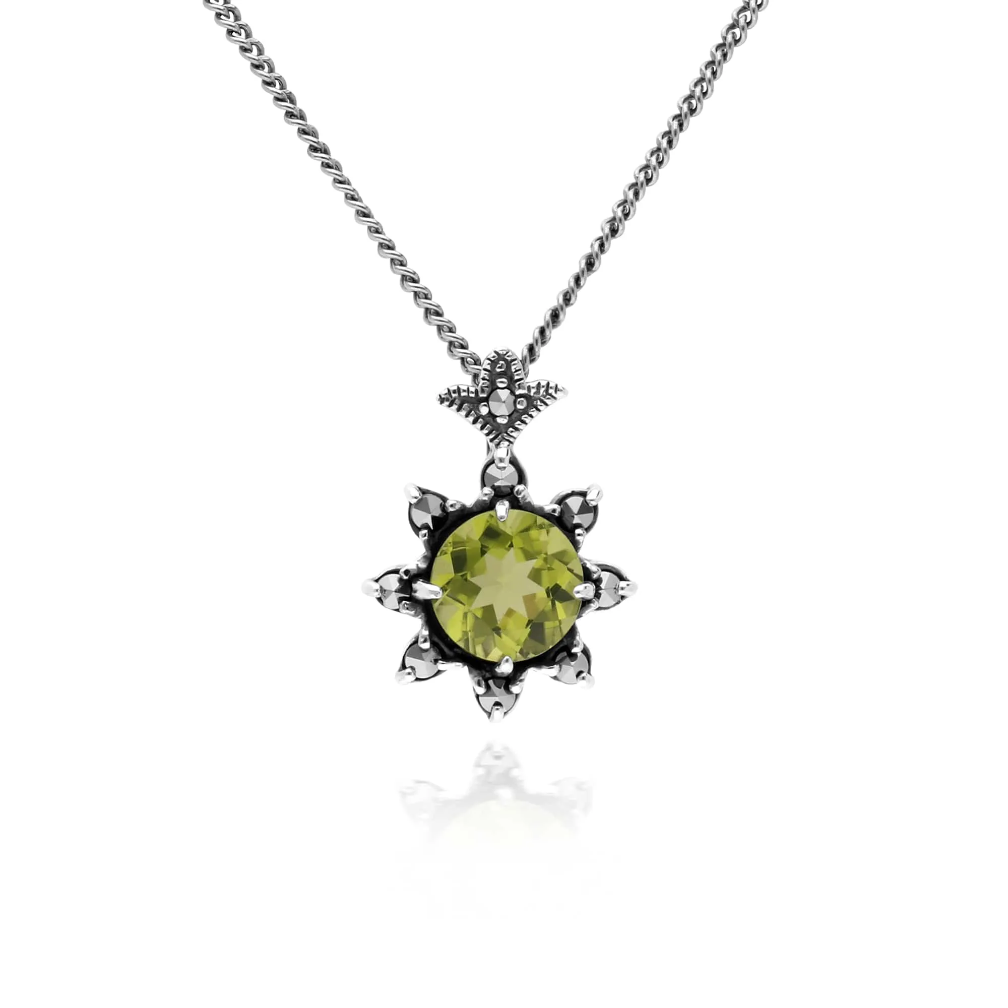 Art Nouveau Style Style Round Peridot & Marcasite Starburst Pendant & Ring Set in 925 Sterling Silver sold by Gemondo Jewellery product image thumbnail 2