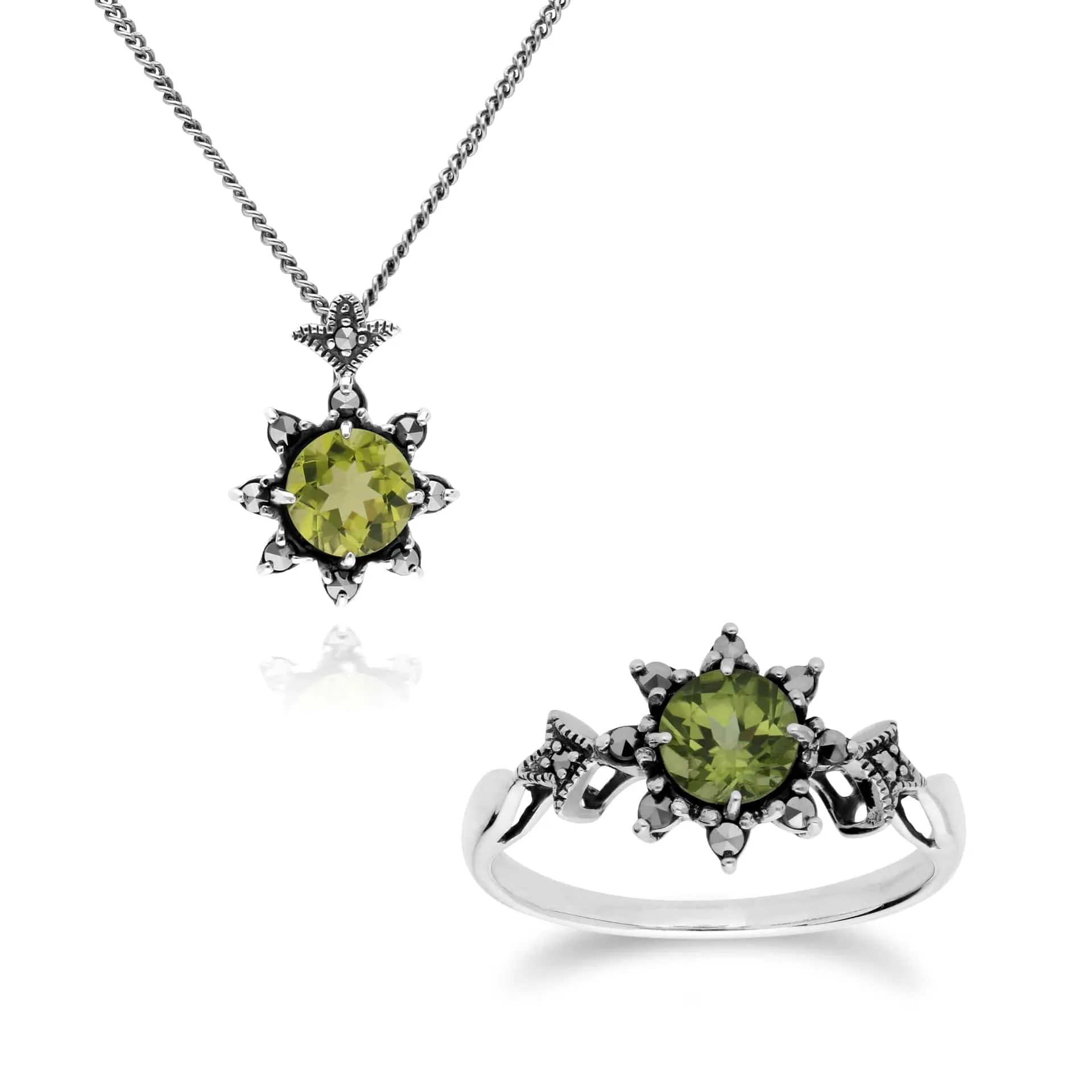 Art Nouveau Style Style Round Peridot & Marcasite Starburst Pendant & Ring Set in 925 Sterling Silver sold by Gemondo Jewellery