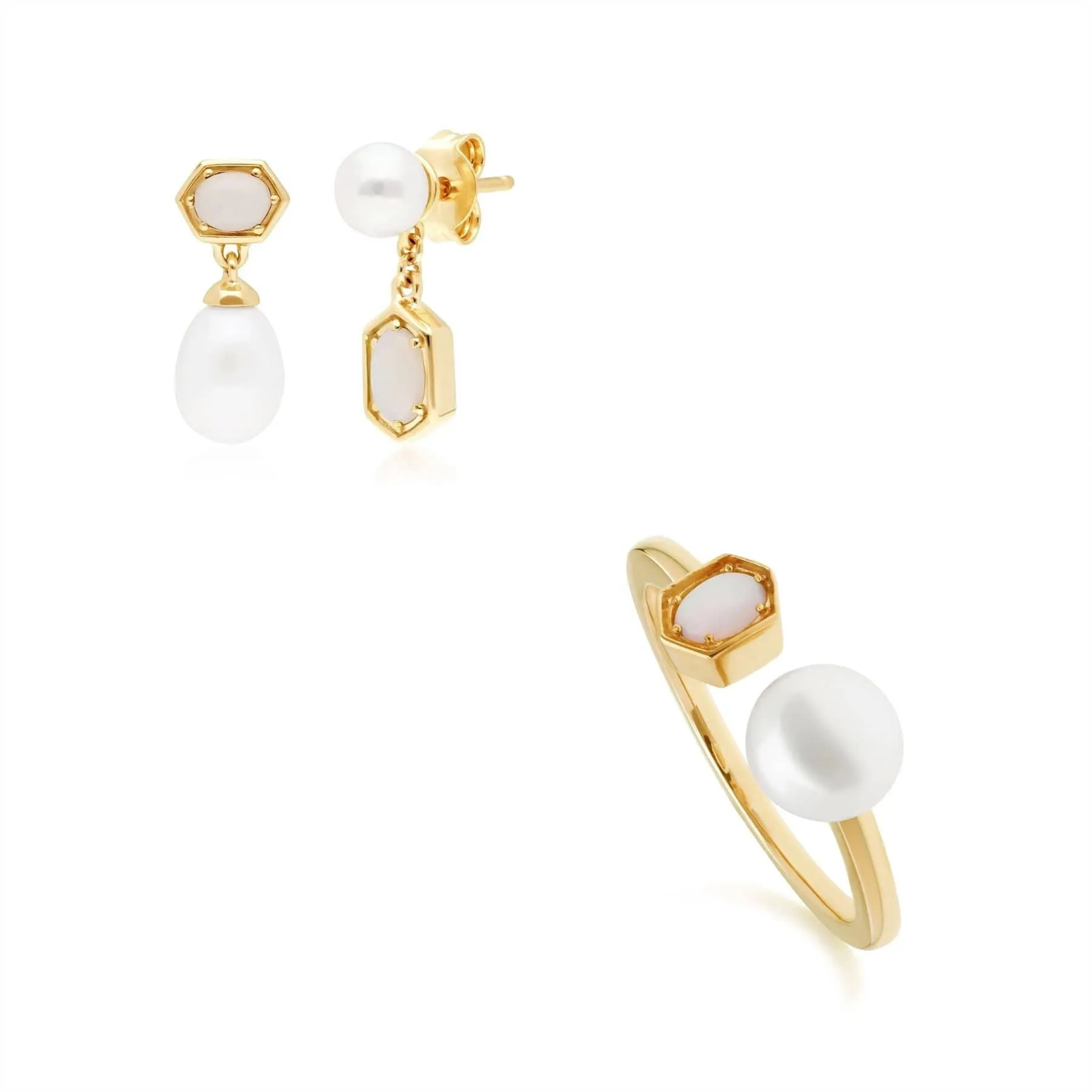 Modern Pearl & Opal Earring & Ring Set in Gold Plated Silver sold by Gemondo Jewellery