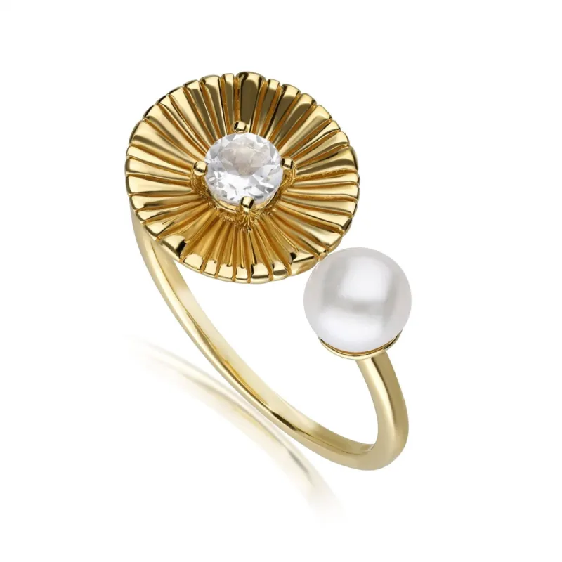 Caruso Pearl & White Topaz Floral Open Ring In Yellow Gold Plated Silver sold by Gemondo Jewellery