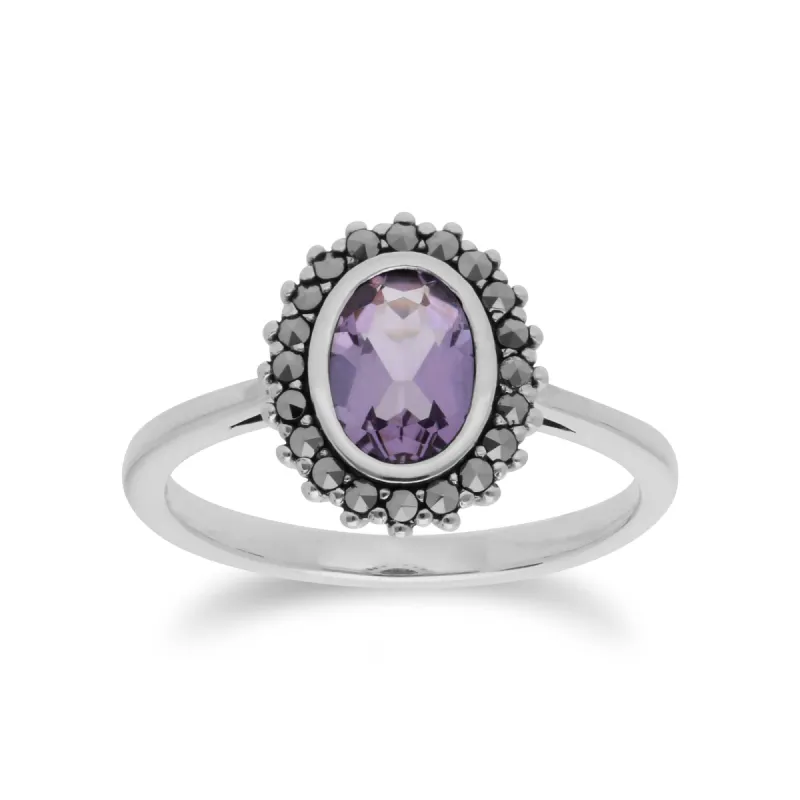 Art Deco Style Oval Amethyst & Marcasite Halo Ring in 925 Sterling Silver sold by Gemondo Jewellery