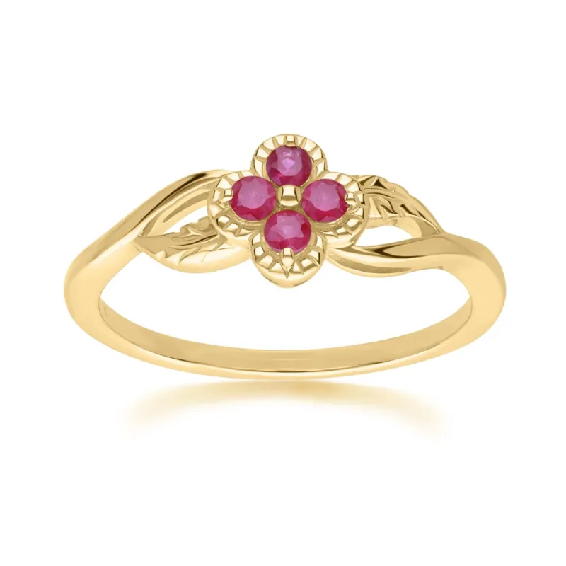 Floral Round Ruby Ring in 9ct Yellow Gold sold by Gemondo Jewellery