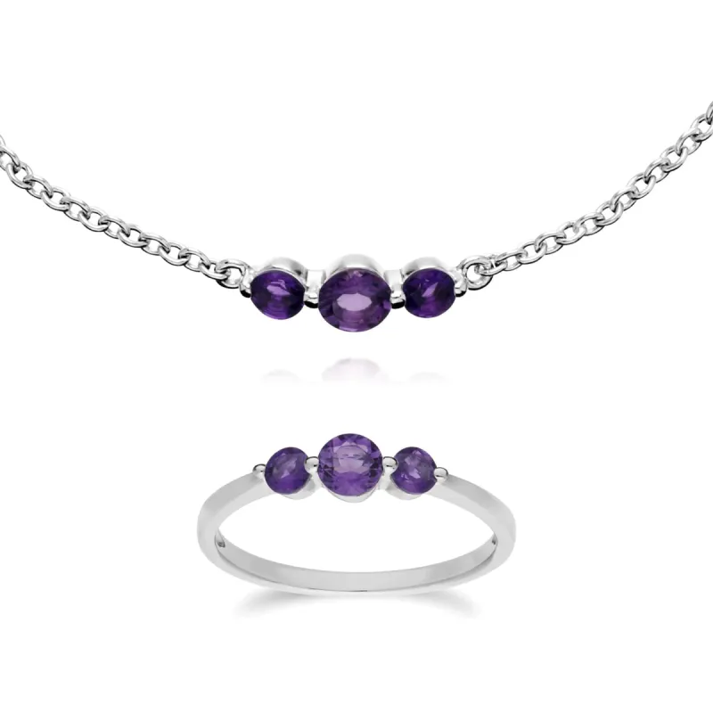 Classic Round Amethyst Three Stone Bracelet & Trilogy Ring Set in 925 Sterling Silver sold by Gemondo Jewellery