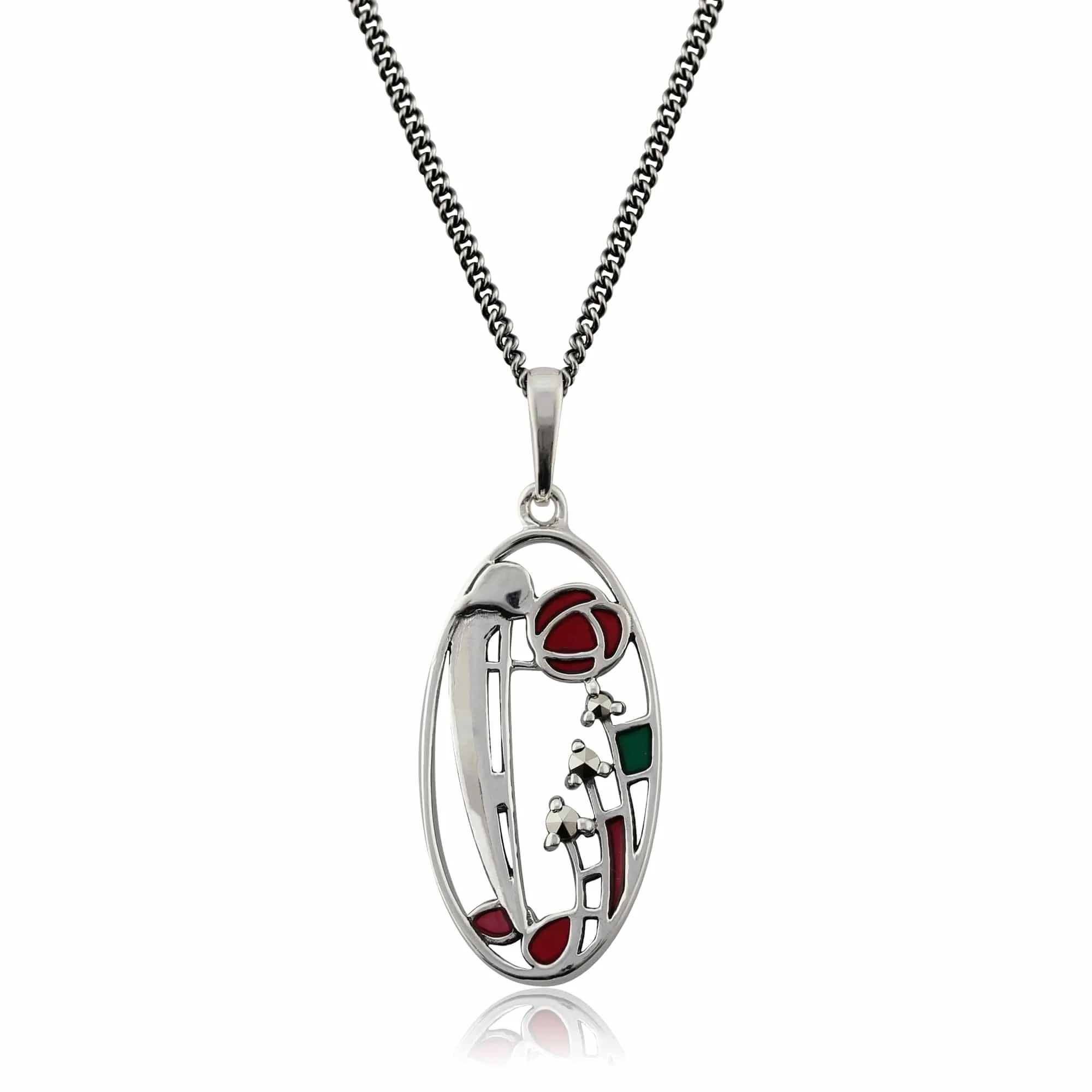 Rennie Mackintosh Inspired Style Enamel Glasgow Rose Oval Drop Earrings & Pendant in 925 Sterling Silver sold by Gemondo Jewellery product image thumbnail 4