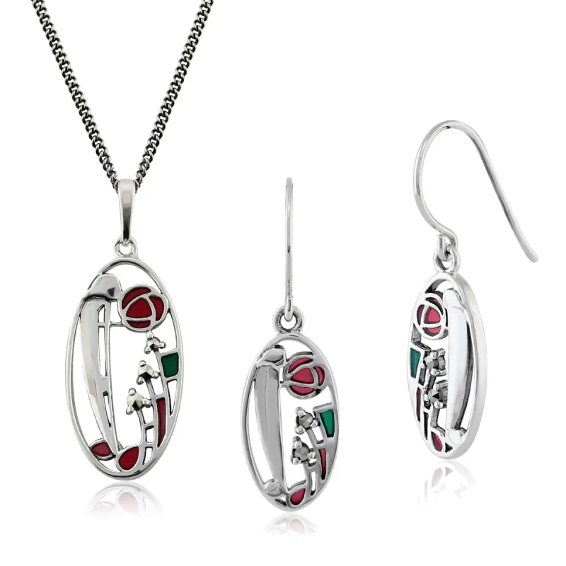 Rennie Mackintosh Inspired Style Enamel Glasgow Rose Oval Drop Earrings & Pendant in 925 Sterling Silver sold by Gemondo Jewellery