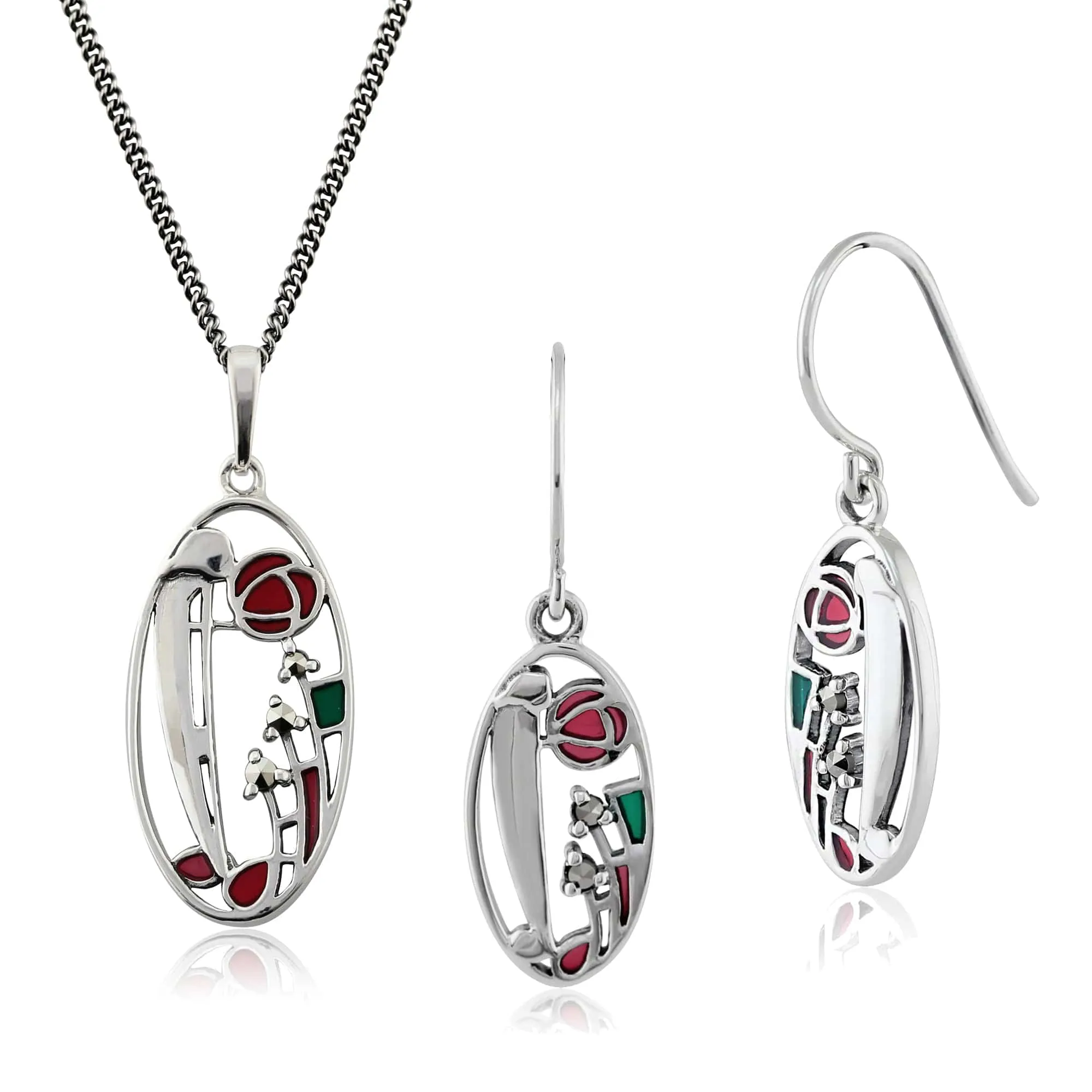Rennie Mackintosh Inspired Style Enamel Glasgow Rose Oval Drop Earrings & Pendant in 925 Sterling Silver sold by Gemondo Jewellery