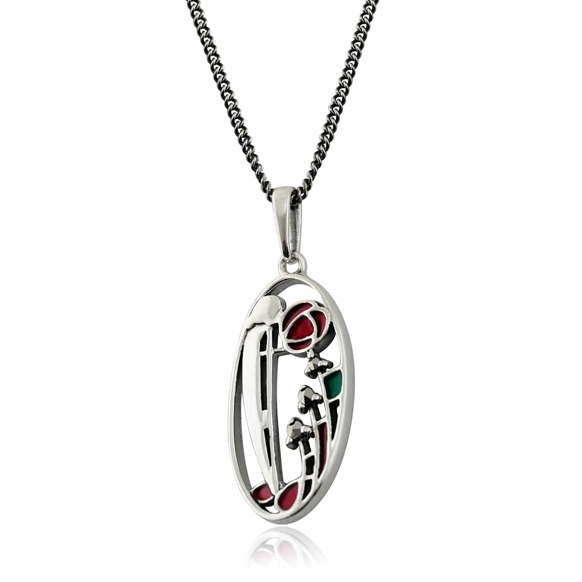 Rennie Mackintosh Inspired Style Enamel Glasgow Rose Oval Drop Earrings & Pendant in 925 Sterling Silver sold by Gemondo Jewellery product image thumbnail 5
