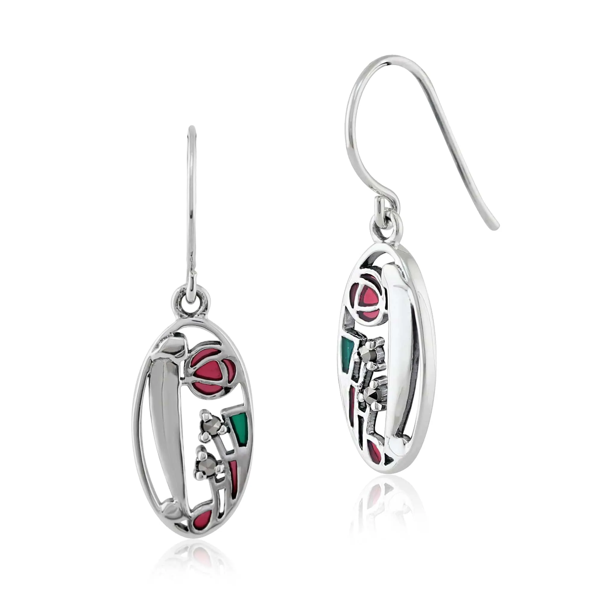 Rennie Mackintosh Inspired Style Enamel Glasgow Rose Oval Drop Earrings & Pendant in 925 Sterling Silver sold by Gemondo Jewellery product image thumbnail 2