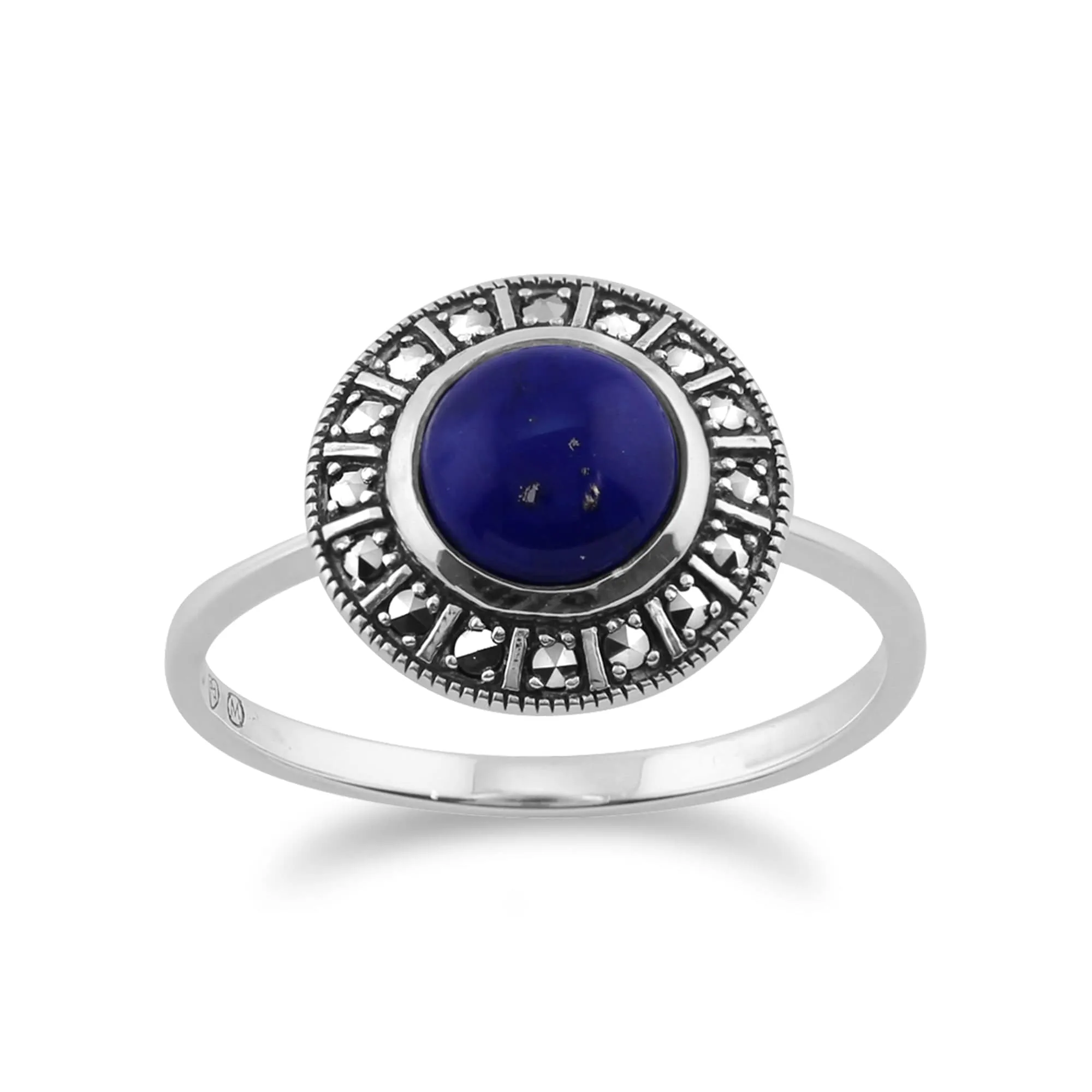 Art Deco Style Round Lapis Lazuli Cabochon & Marcasite Halo Ring in 925 Sterling Silver sold by Gemondo Jewellery