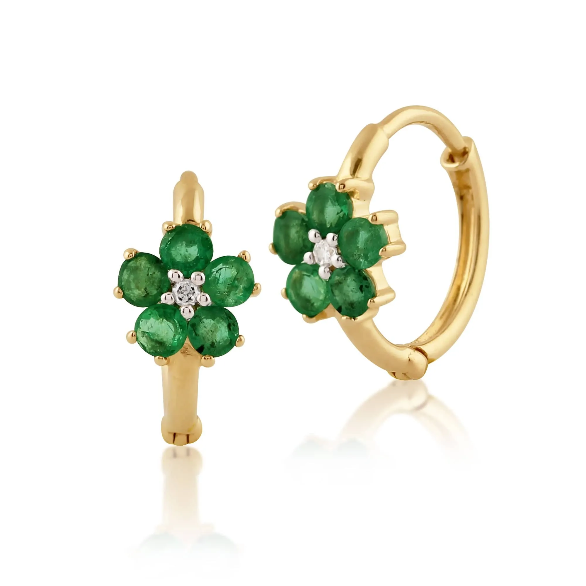 Floral Round Emerald & Diamond Hoop Earrings in 9ct Yellow Gold sold by Gemondo Jewellery