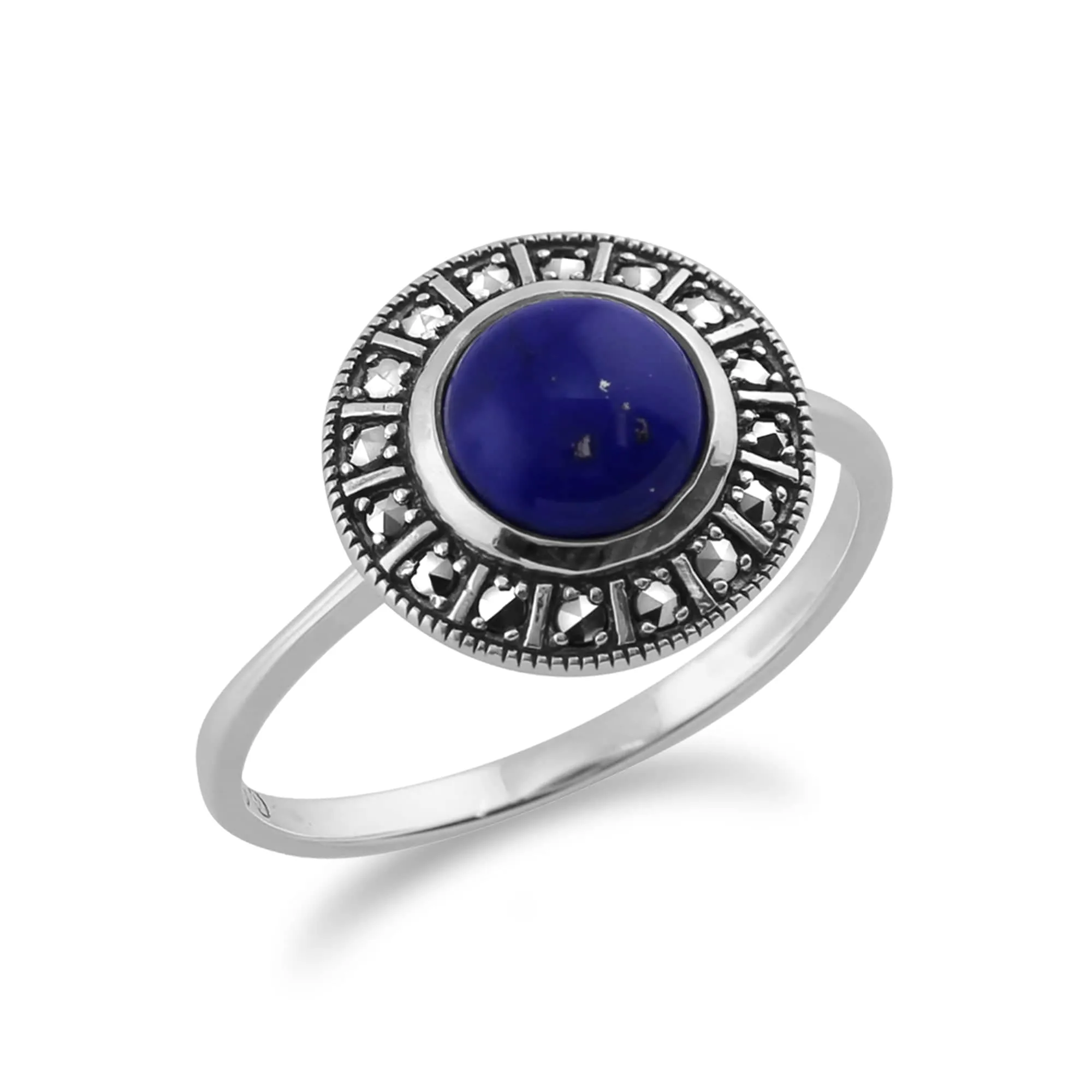 Art Deco Style Round Lapis Lazuli Cabochon & Marcasite Halo Ring in 925 Sterling Silver sold by Gemondo Jewellery product image thumbnail 2