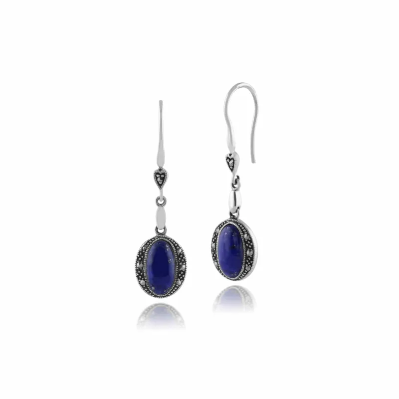 Art Deco Style Oval Lapis Lazuli Cabochon & Marcasite Drop Earrings in 925 Sterling Silver sold by Gemondo Jewellery