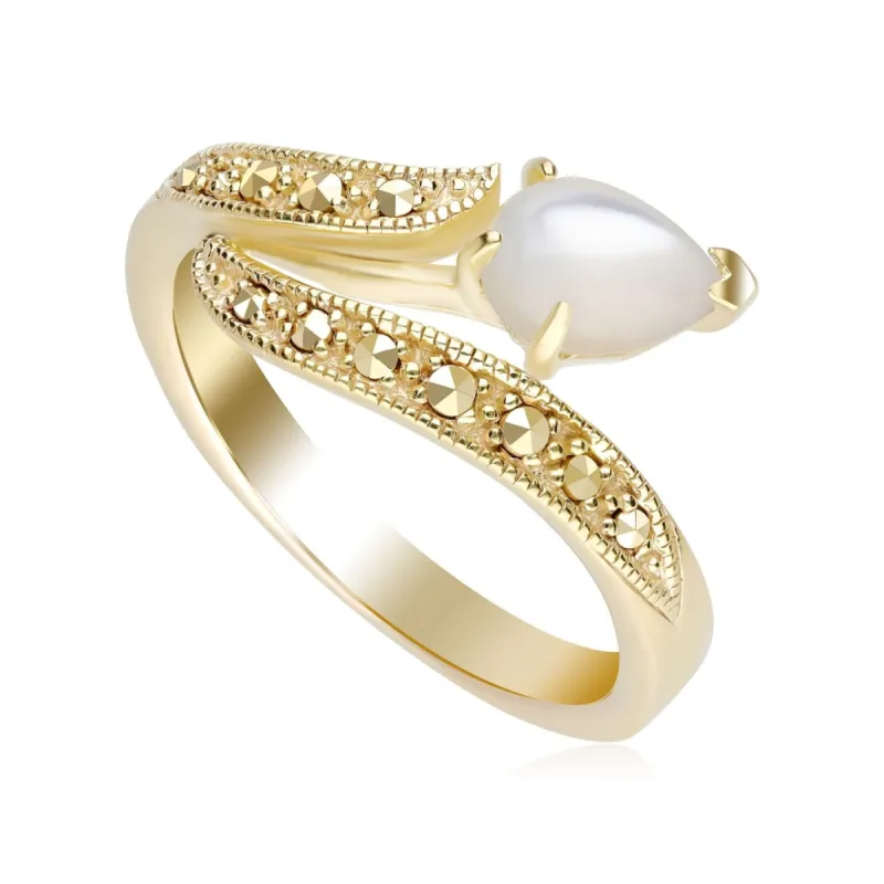 Art Nouveau Inspired Mother of Pearl & Marcasite Twist Ring in 18ct Gold Plated Silver sold by Gemondo Jewellery