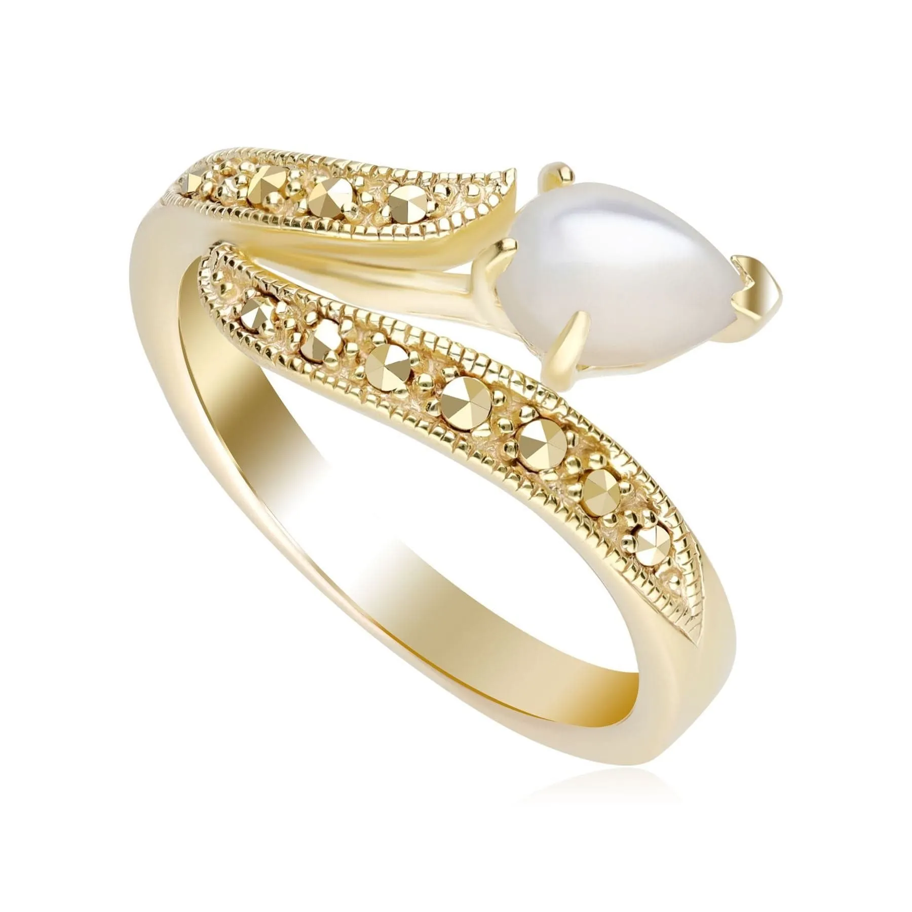 Art Nouveau Inspired Mother of Pearl & Marcasite Twist Ring in 18ct Gold Plated Silver sold by Gemondo Jewellery