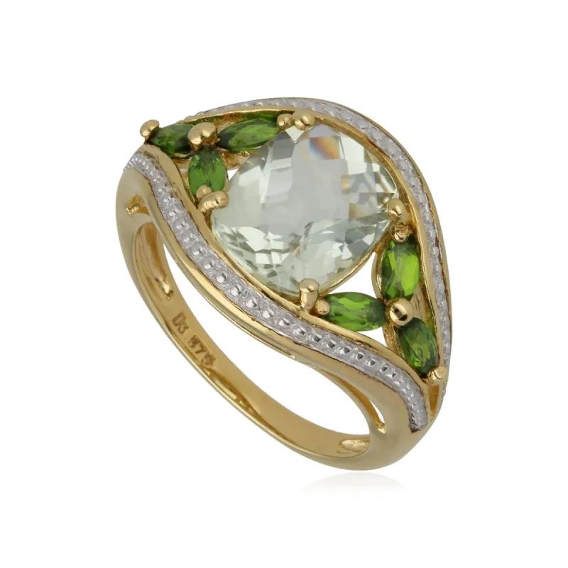 Kosmos Green Quartz & Chrome Diopside Cocktail Ring in 9ct Yellow Gold sold by Gemondo Jewellery