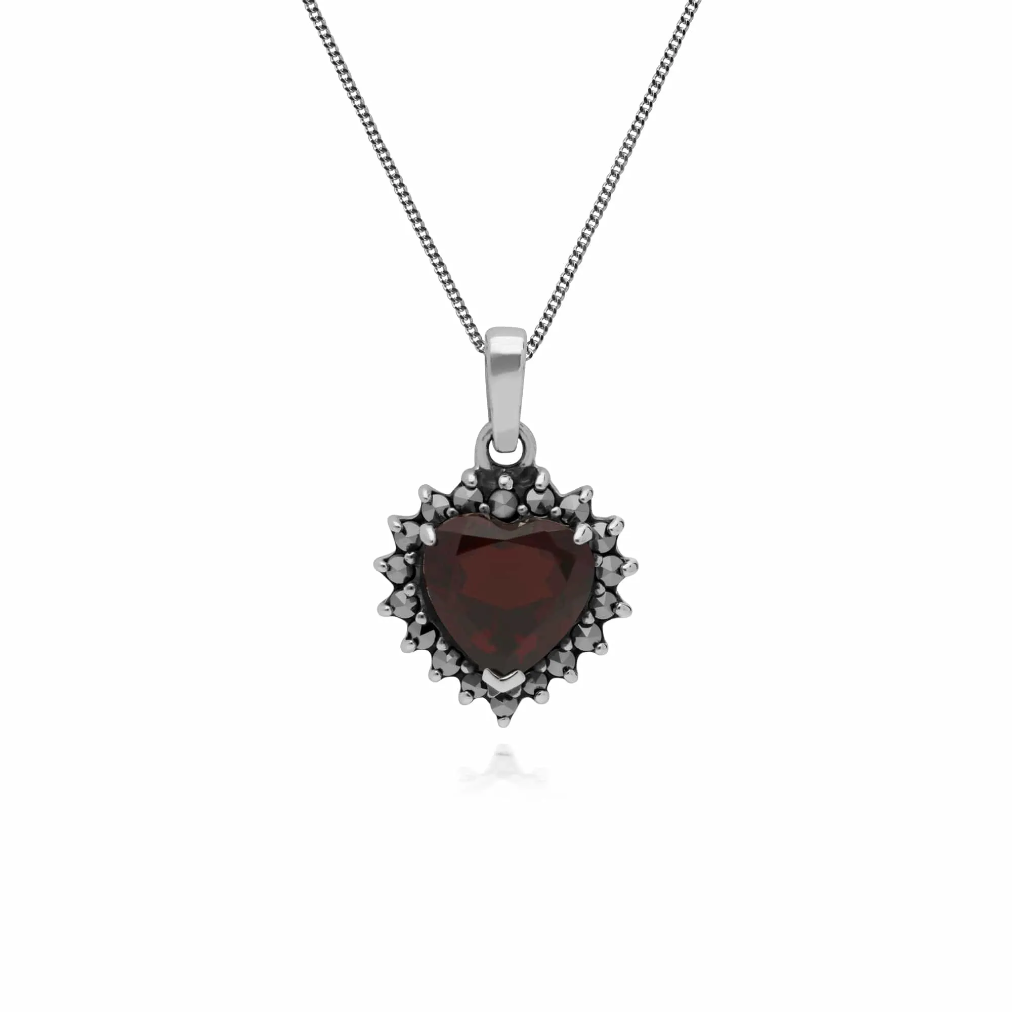 Art Deco Style Heart Garnet & Marcasite Halo Pendant in 925 Sterling Silver sold by Gemondo Jewellery