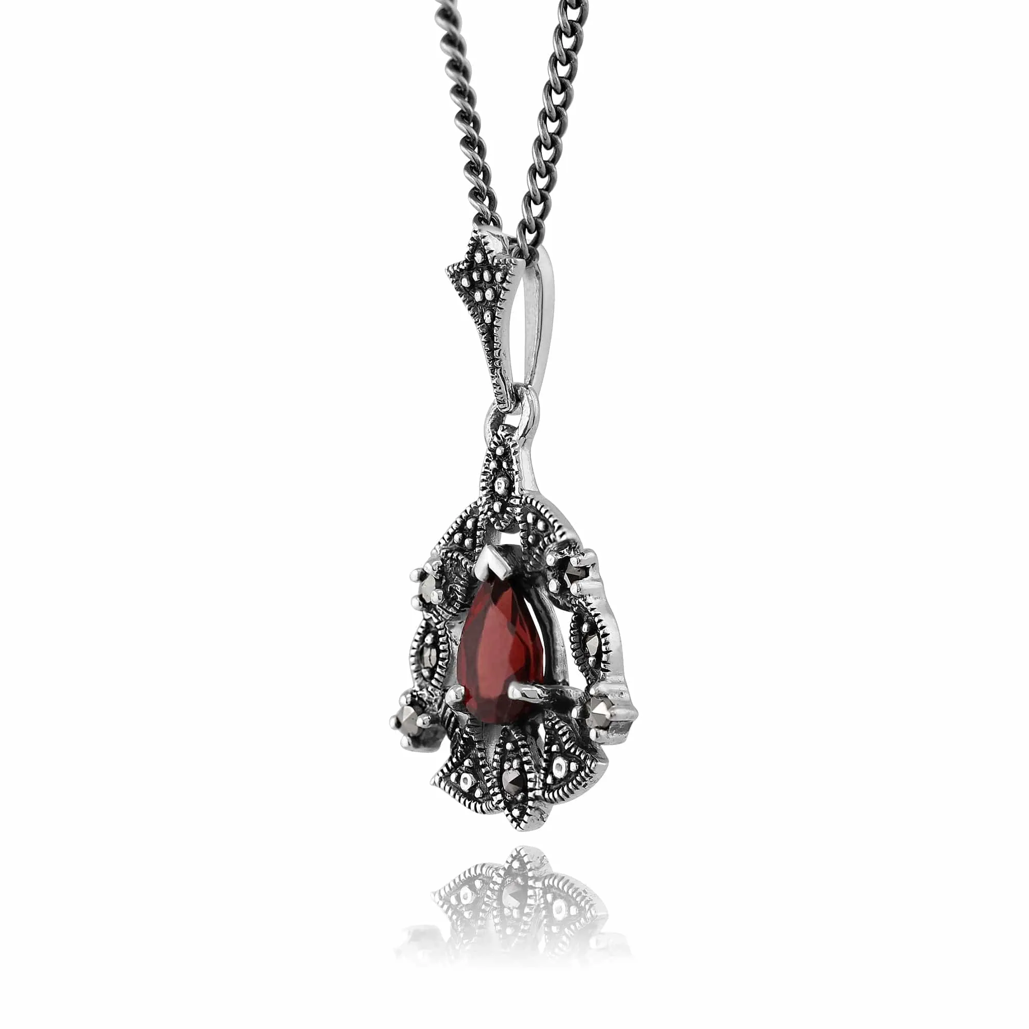 Art Nouveau Style Pear Garnet & Marcasite Garland Pendant in Silver sold by Gemondo Jewellery product image thumbnail 2