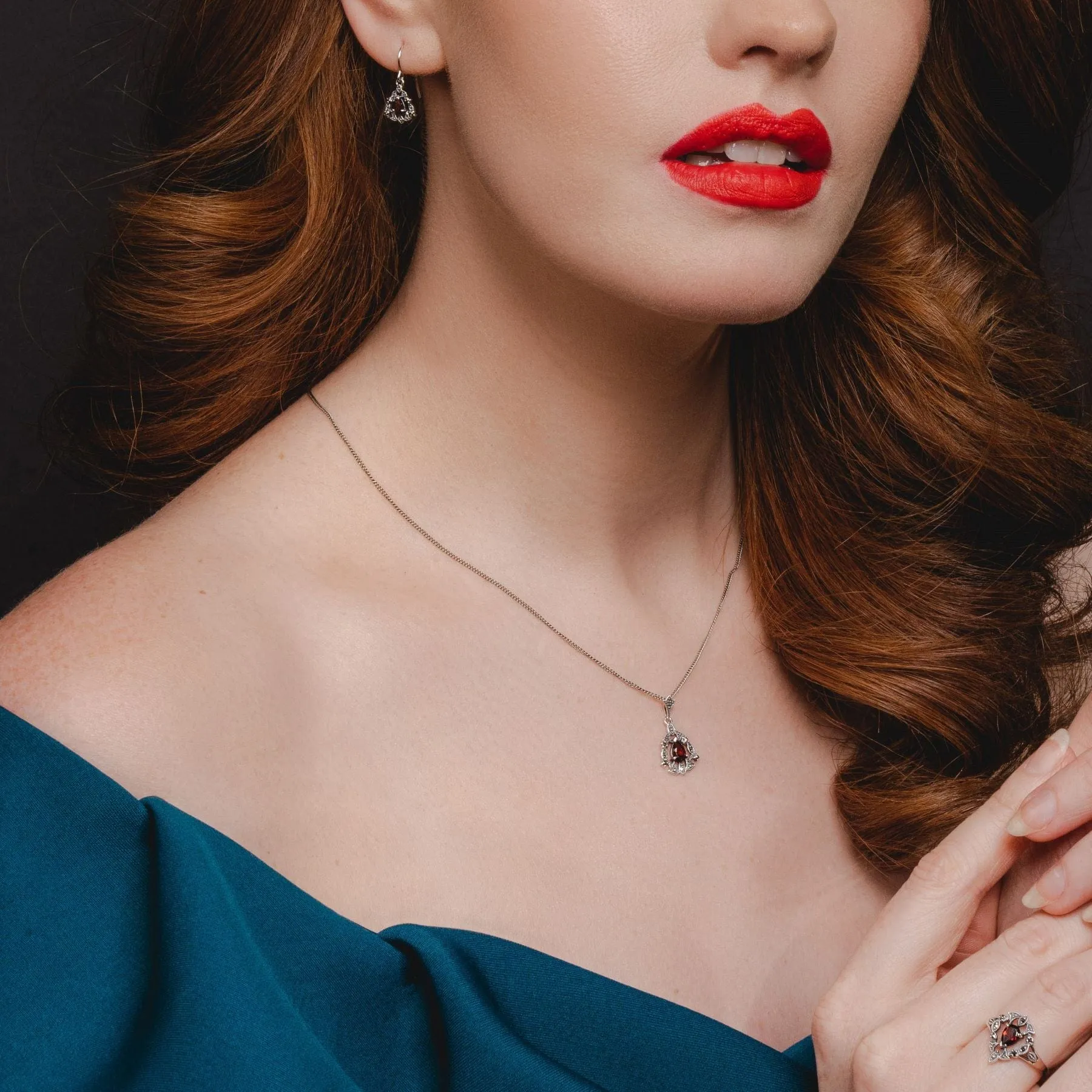 Art Nouveau Style Pear Garnet & Marcasite Garland Pendant in Silver sold by Gemondo Jewellery product image thumbnail 3