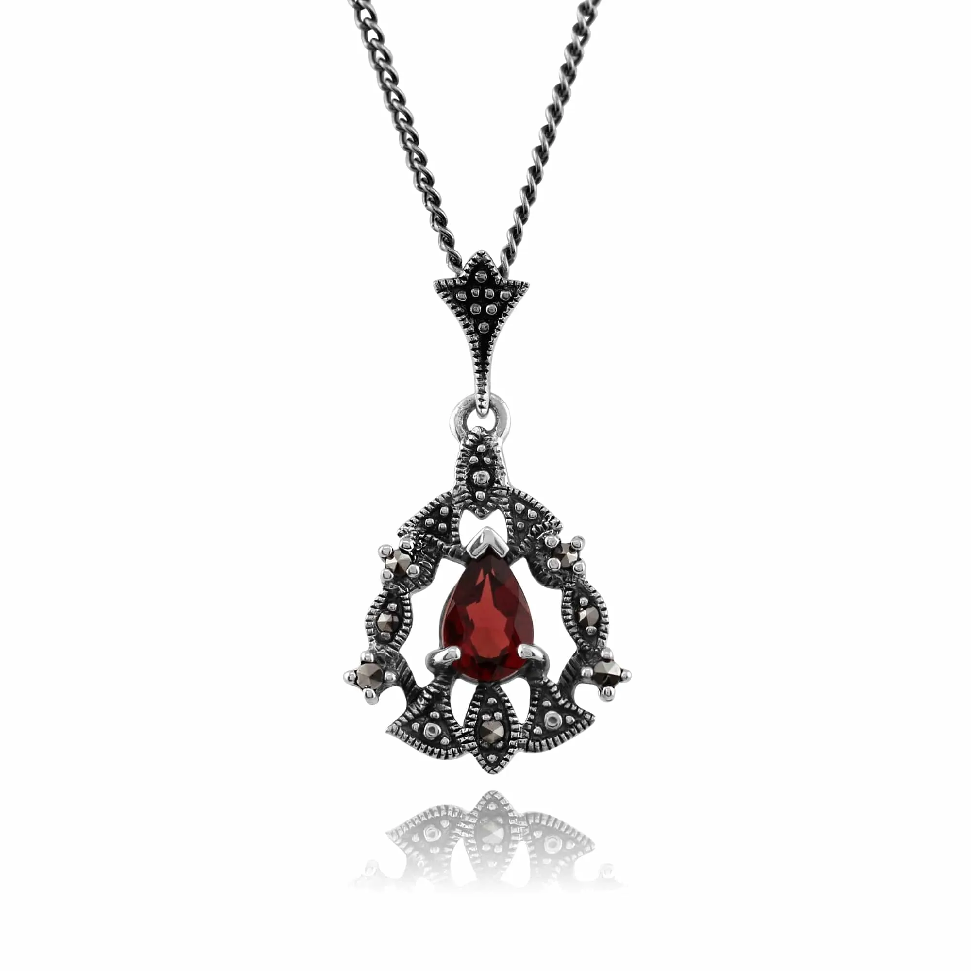 Art Nouveau Style Pear Garnet & Marcasite Garland Pendant in Silver sold by Gemondo Jewellery
