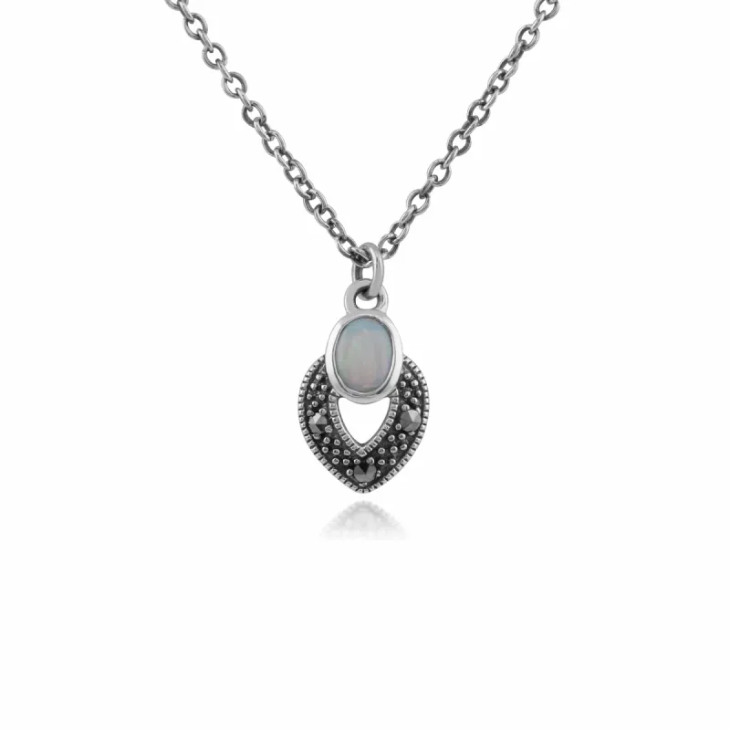 Art Deco Style Oval Opal & Marcasite Necklace in 925 Sterling Silver sold by Gemondo Jewellery